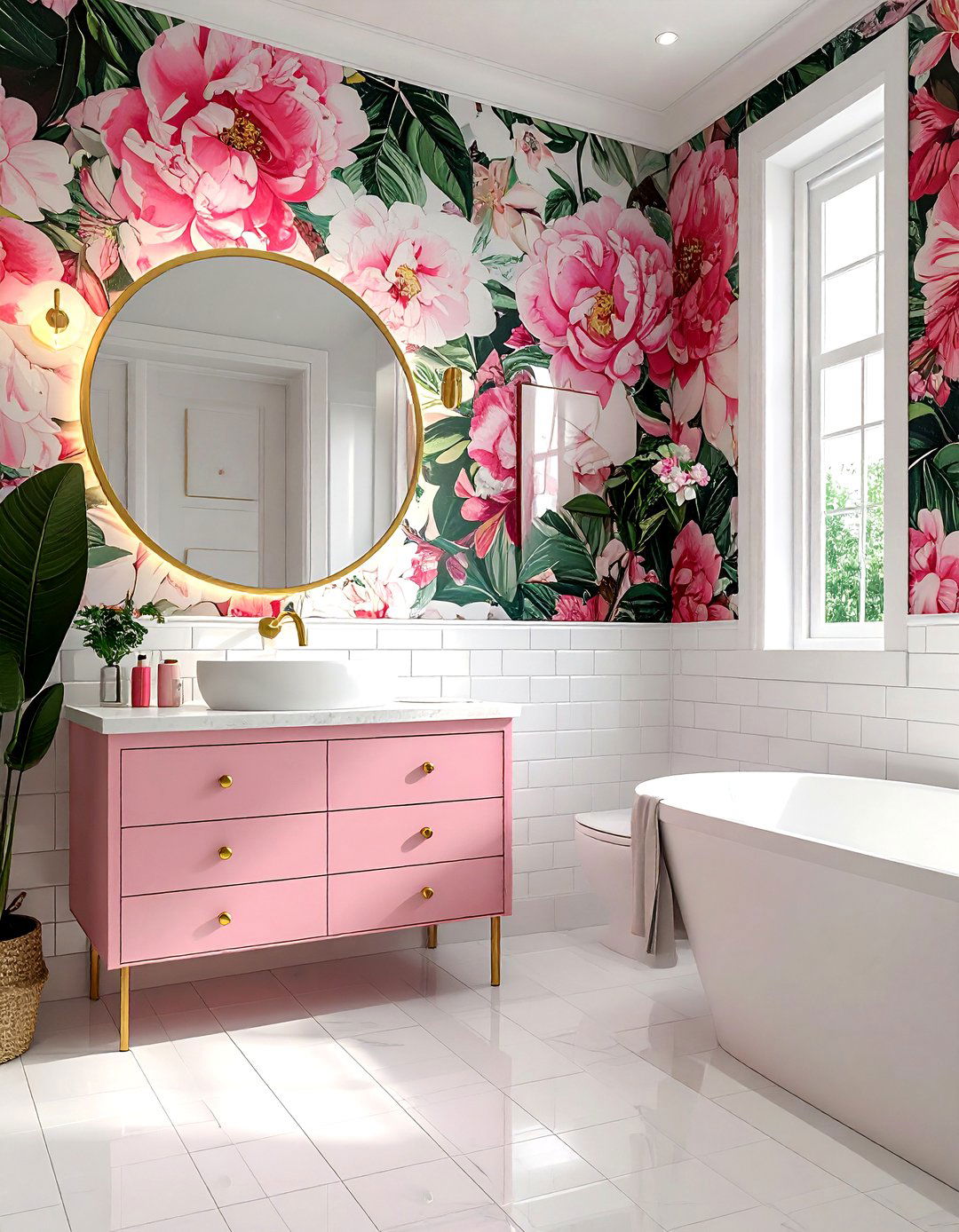 Maximalist bathroom with floral wallpaper - 30 maximalist decor ideas