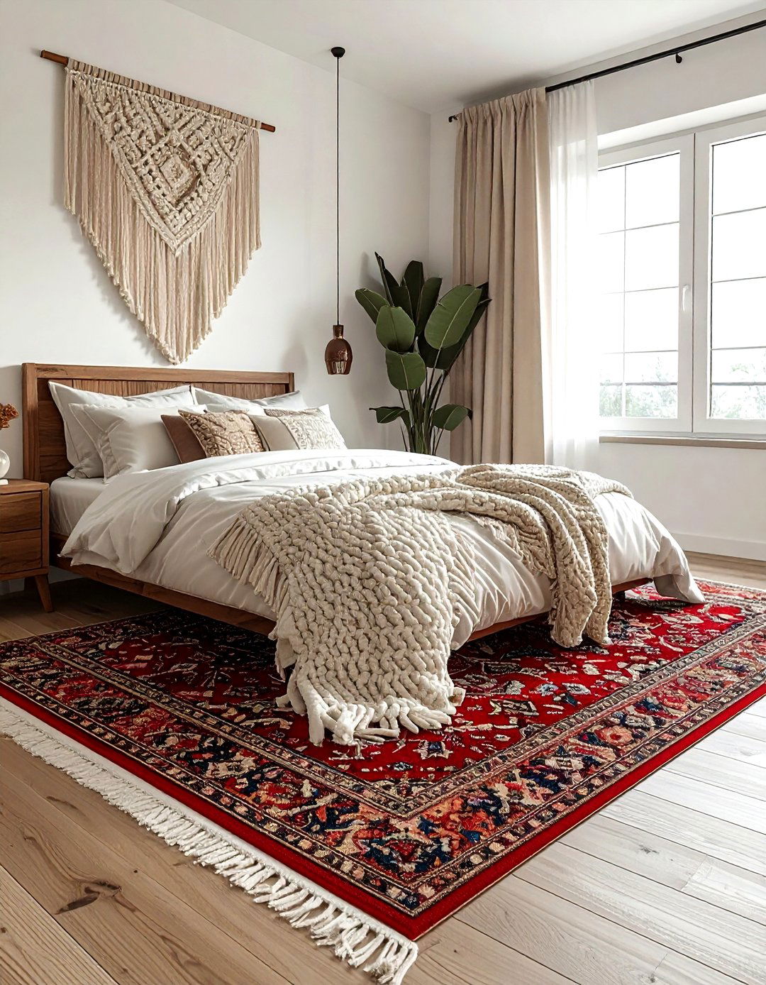 Medallion and textured weave bedroom - 30 bedroom pattern mixing ideas