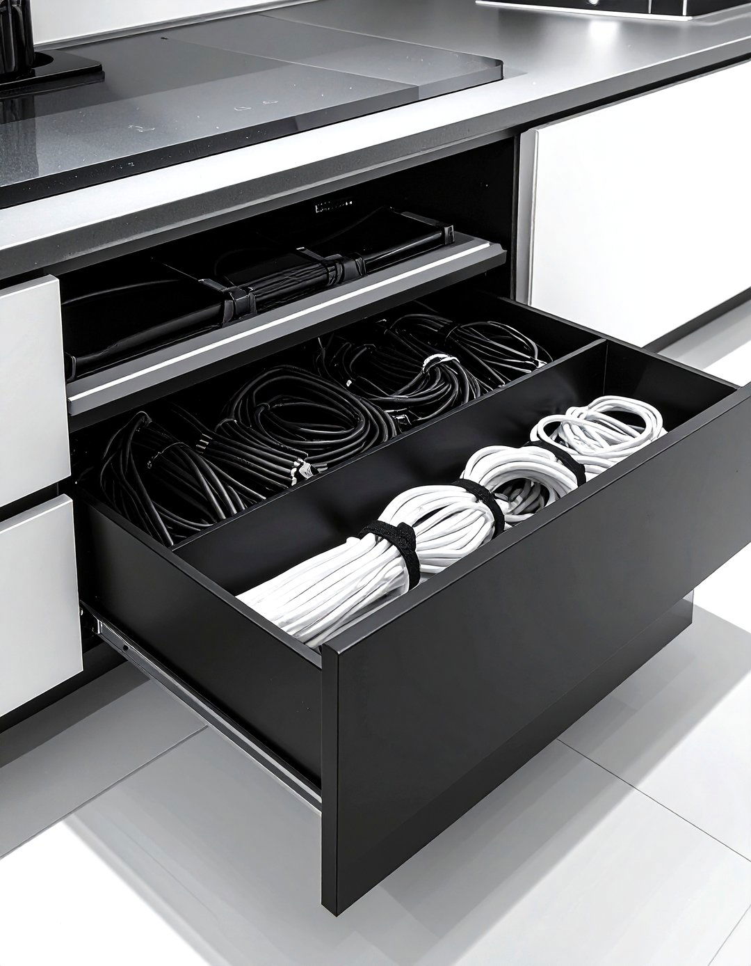 Media Console Cord Management - 30 living room drawer organization ideas