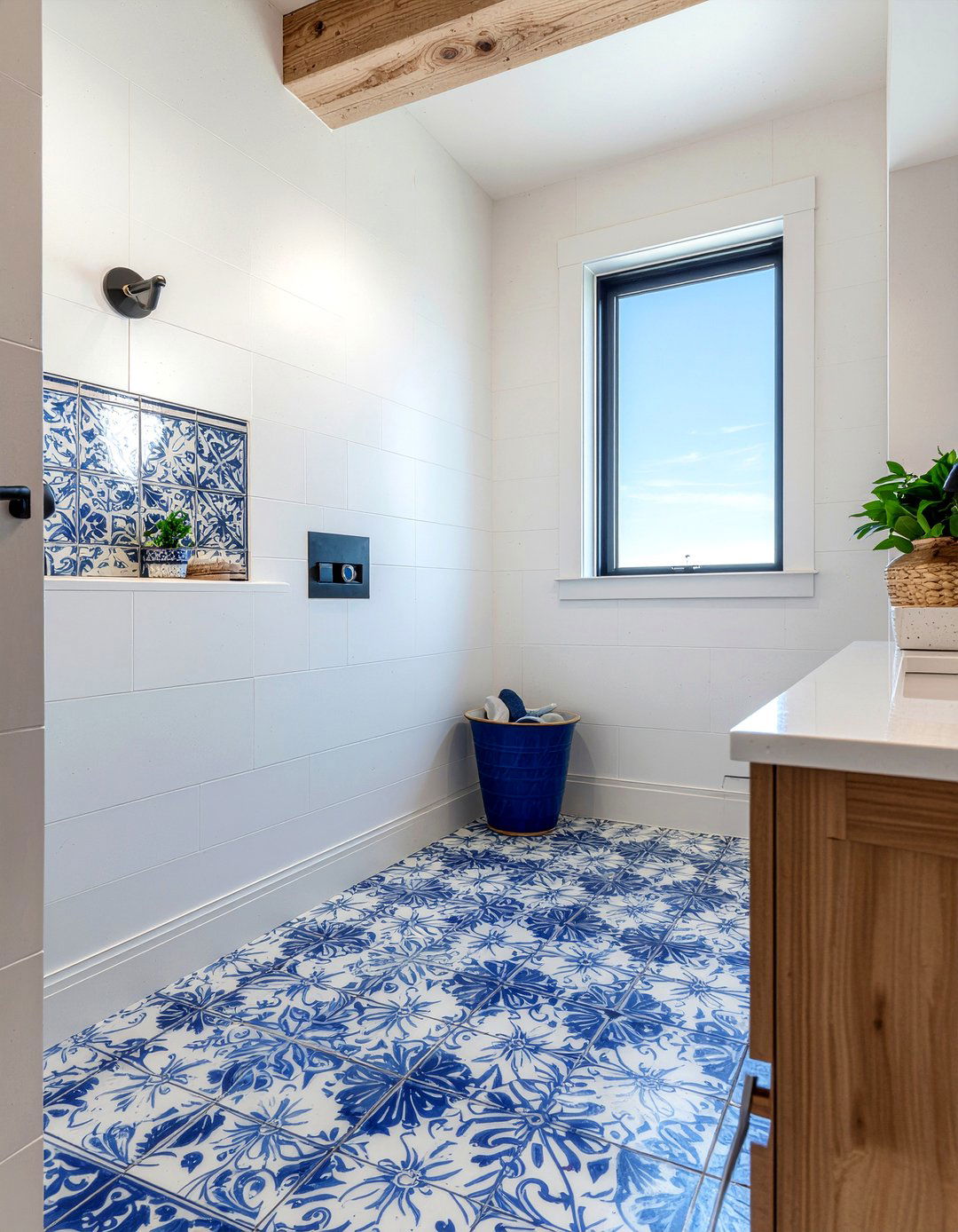 Mediterranean Blue Patterned Tile - 30 bathroom floor statement ideas