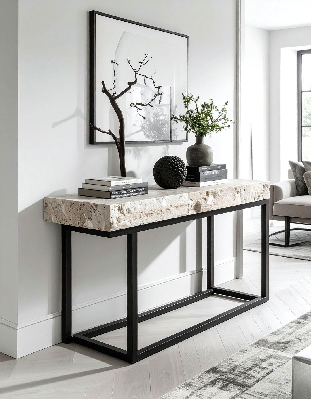 Metal Framed Stone Console - 30 living room hallway table ideas