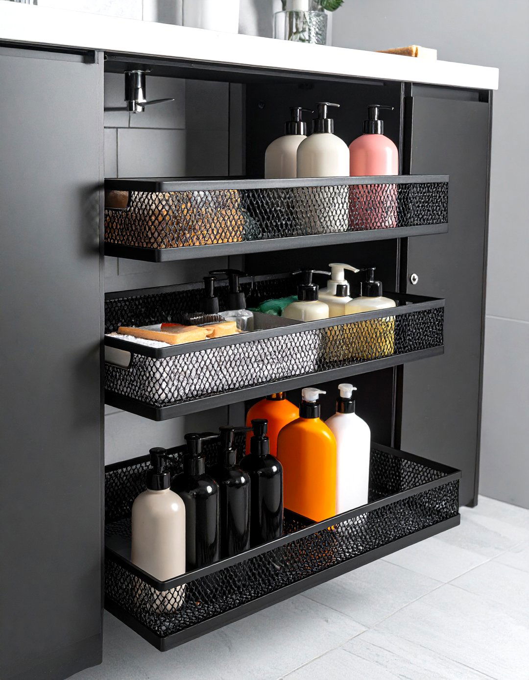 Metal Mesh Pull Out Trays - 30 under sink bathroom storage ideas