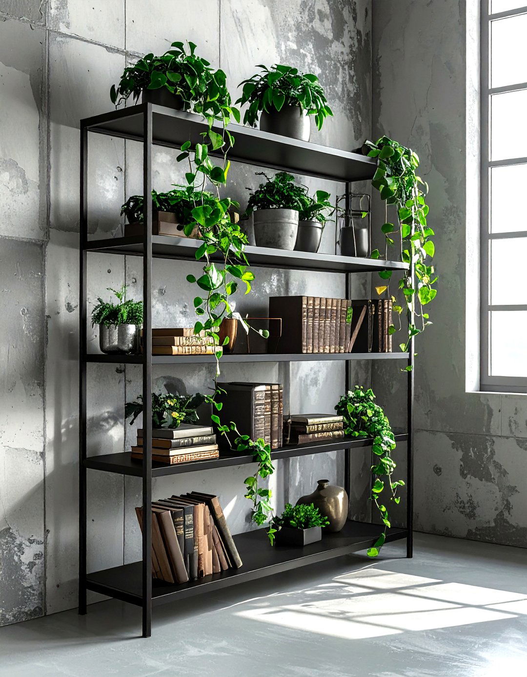 Metal Shelf Indoor Plant - 30 industrial green living room ideas