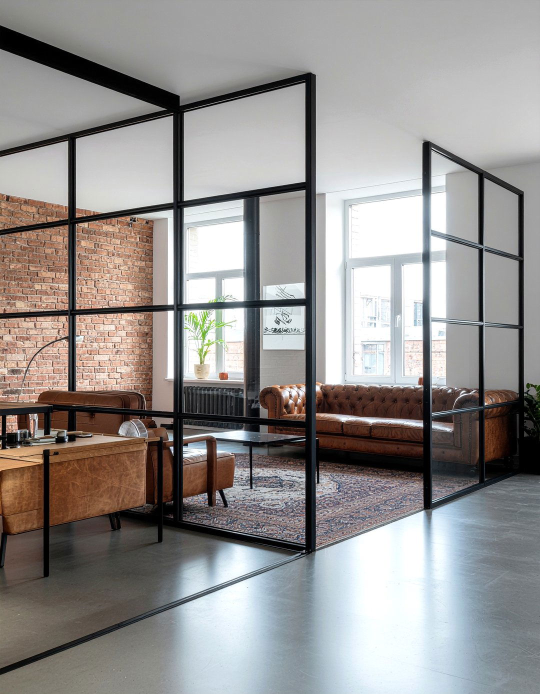 Metal and glass partition - 30 living room screen ideas