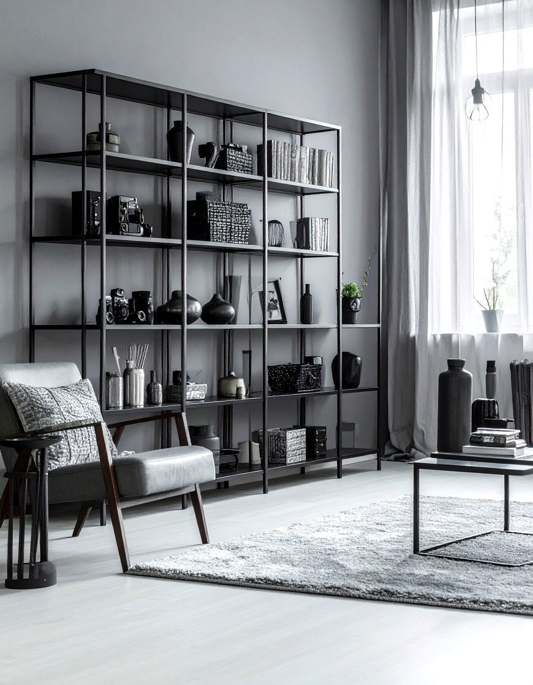 Metal bookshelf living room - 30 industrial grey living room ideas