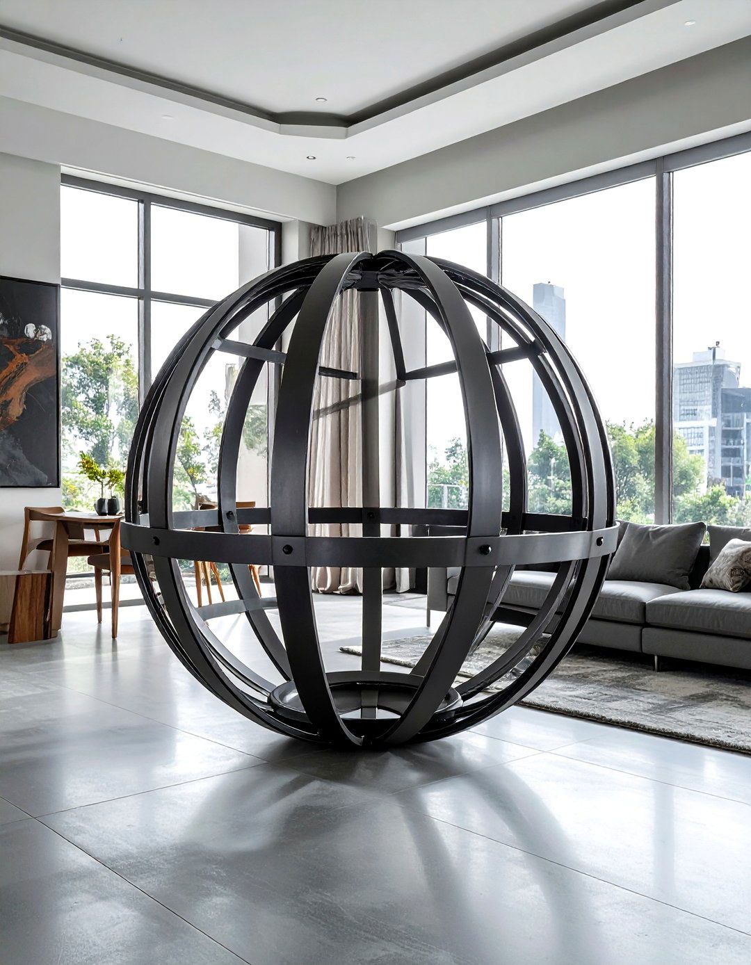 Metal floor orb sculpture - 30 sphere decor ideas