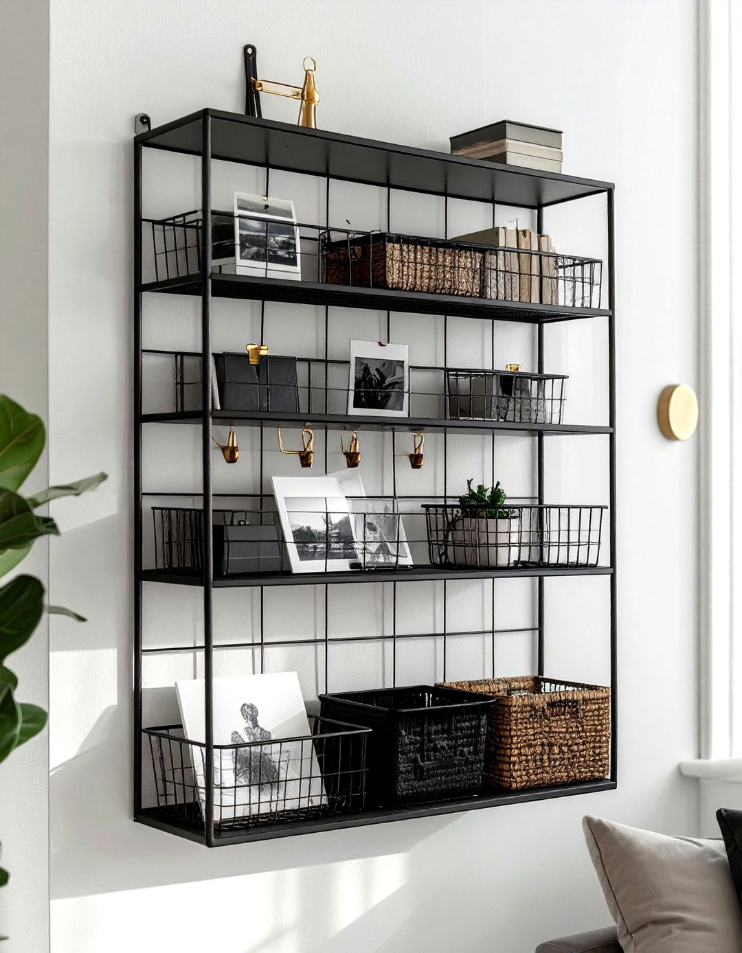 Metal grid wall organizer - 30 living room hanging storage ideas
