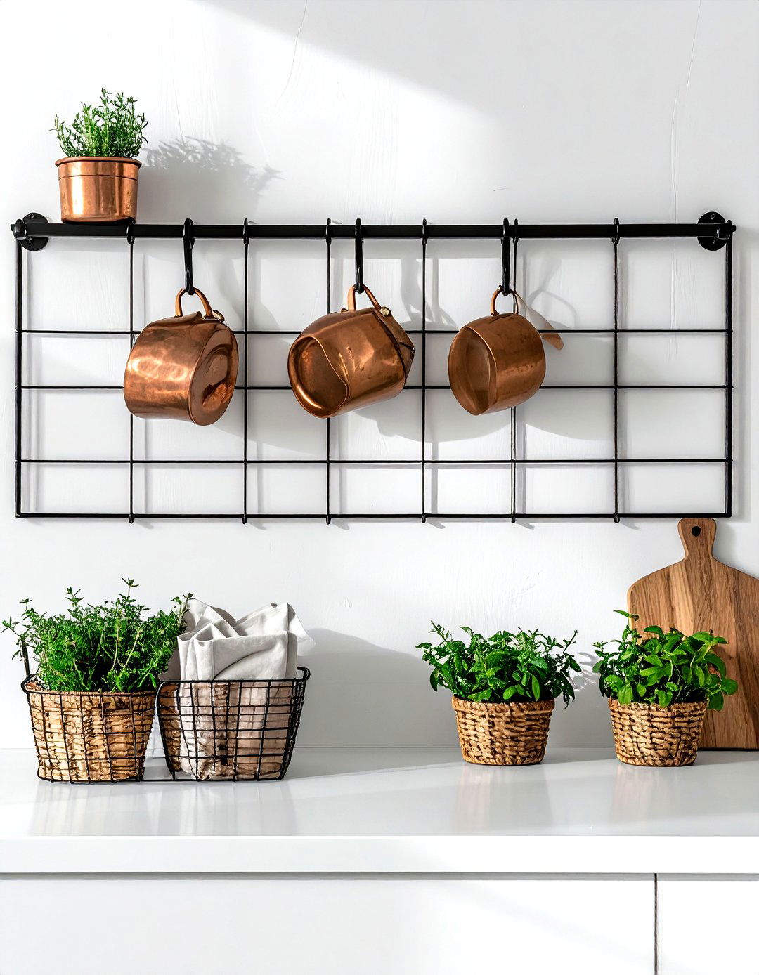 Metal grid wall organizer - 30 dining room overhead storage ideas