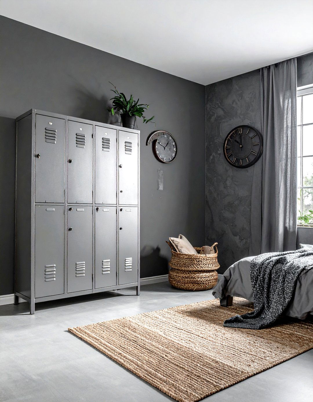 Metal locker storage - 30 industrial grey bedroom ideas