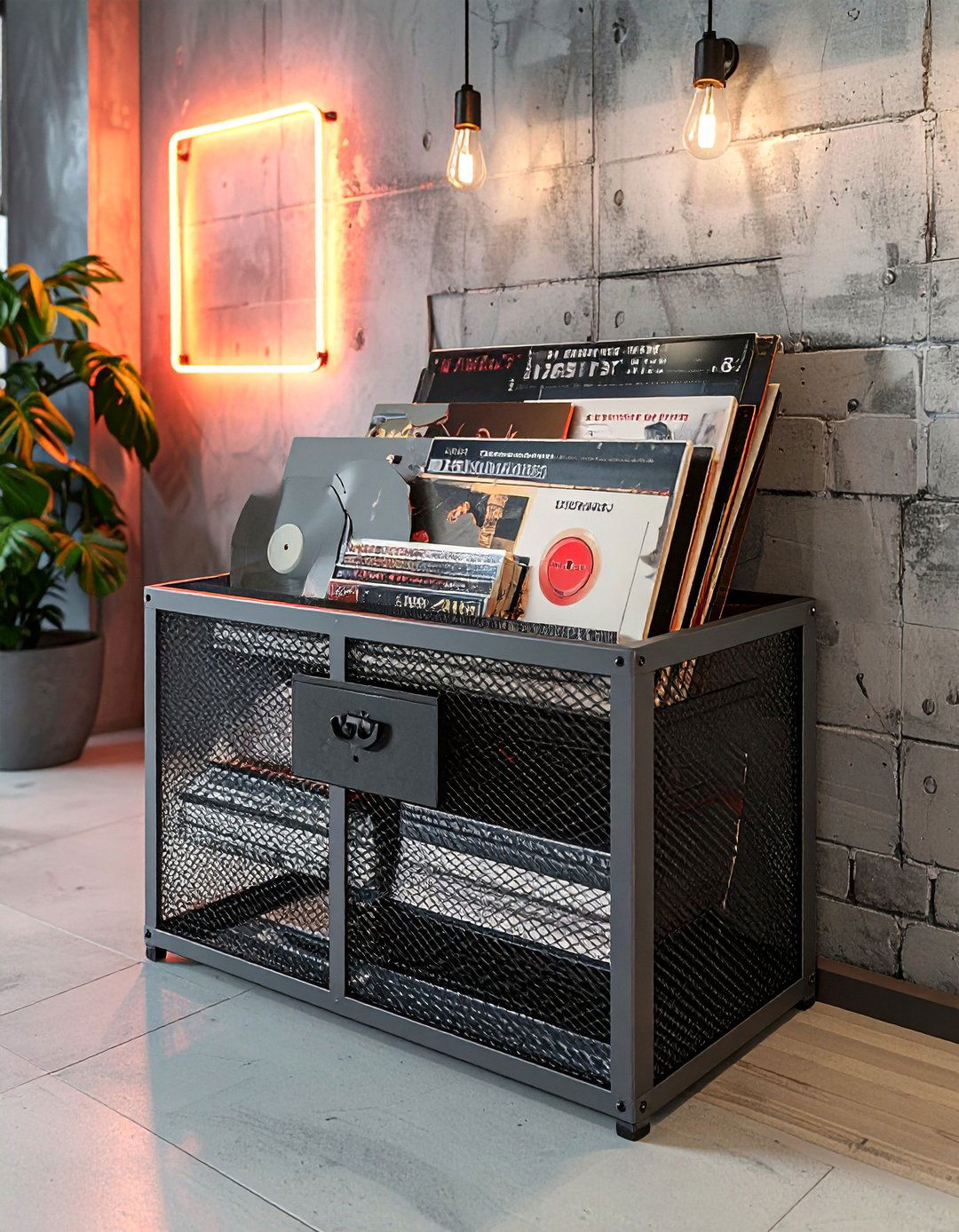 Metal mesh record bin - 30 record collection display ideas
