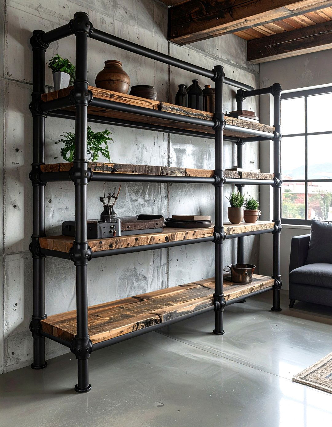 Metal pipe shelving unit - 30 living room iron furniture ideas
