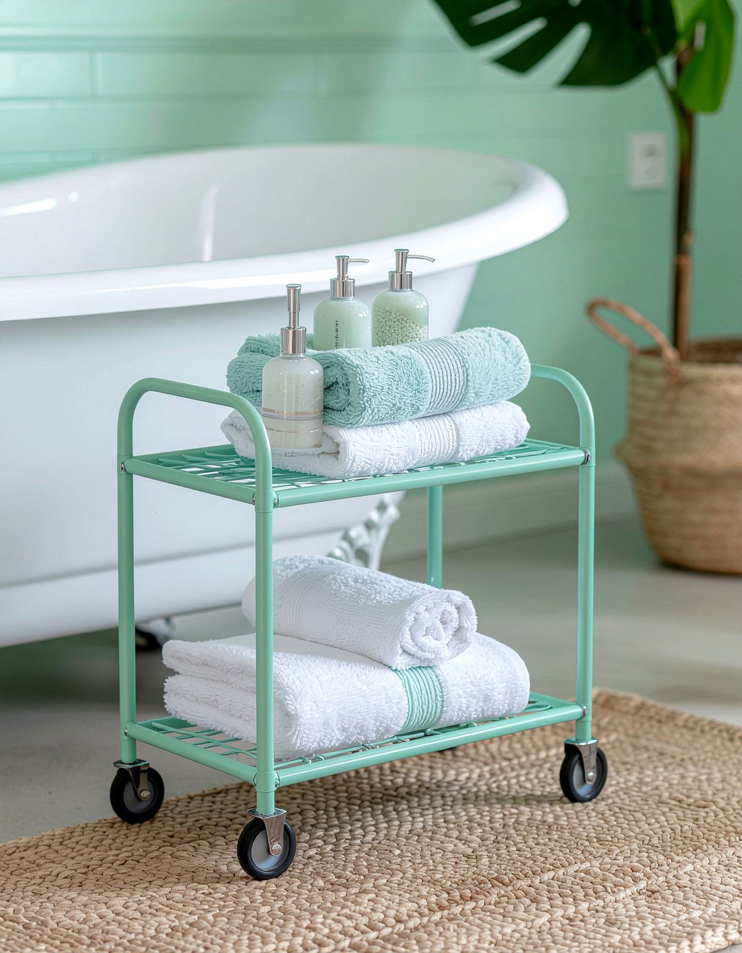 Metal rolling cart - 30 bathroom towel ideas