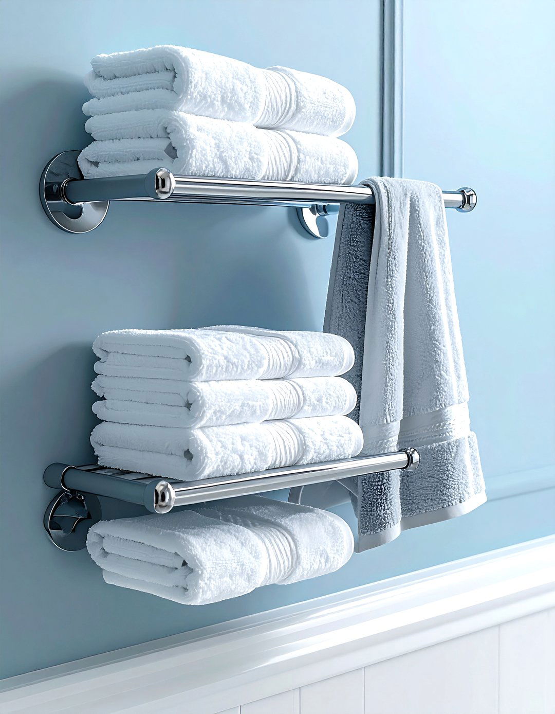 Metal towel rack shelf - 30 bathroom overhead storage ideas