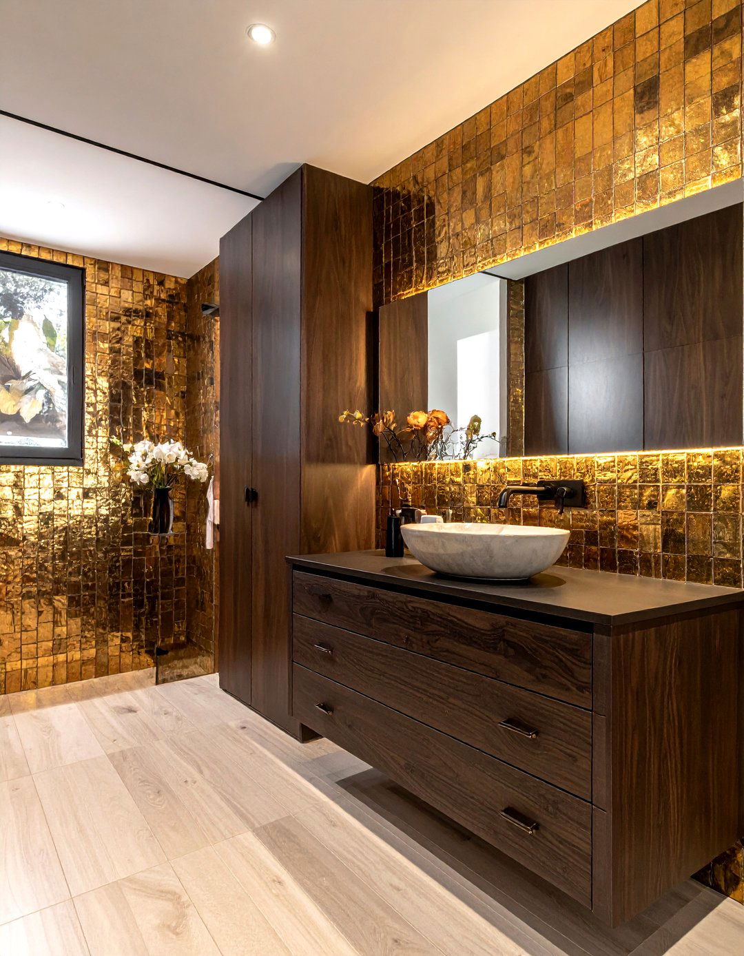 Metallic Gold Glass Tile Backsplash - 30 glass tile bathroom ideas