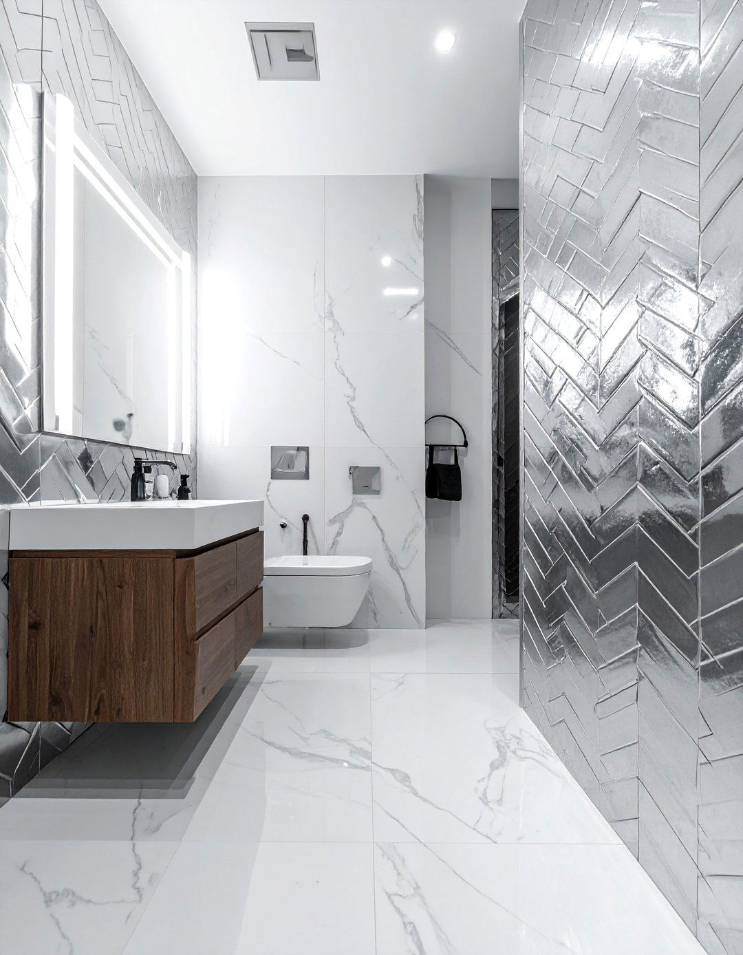 Metallic Silver Chevron Tile - 30 chevron tile bathroom ideas