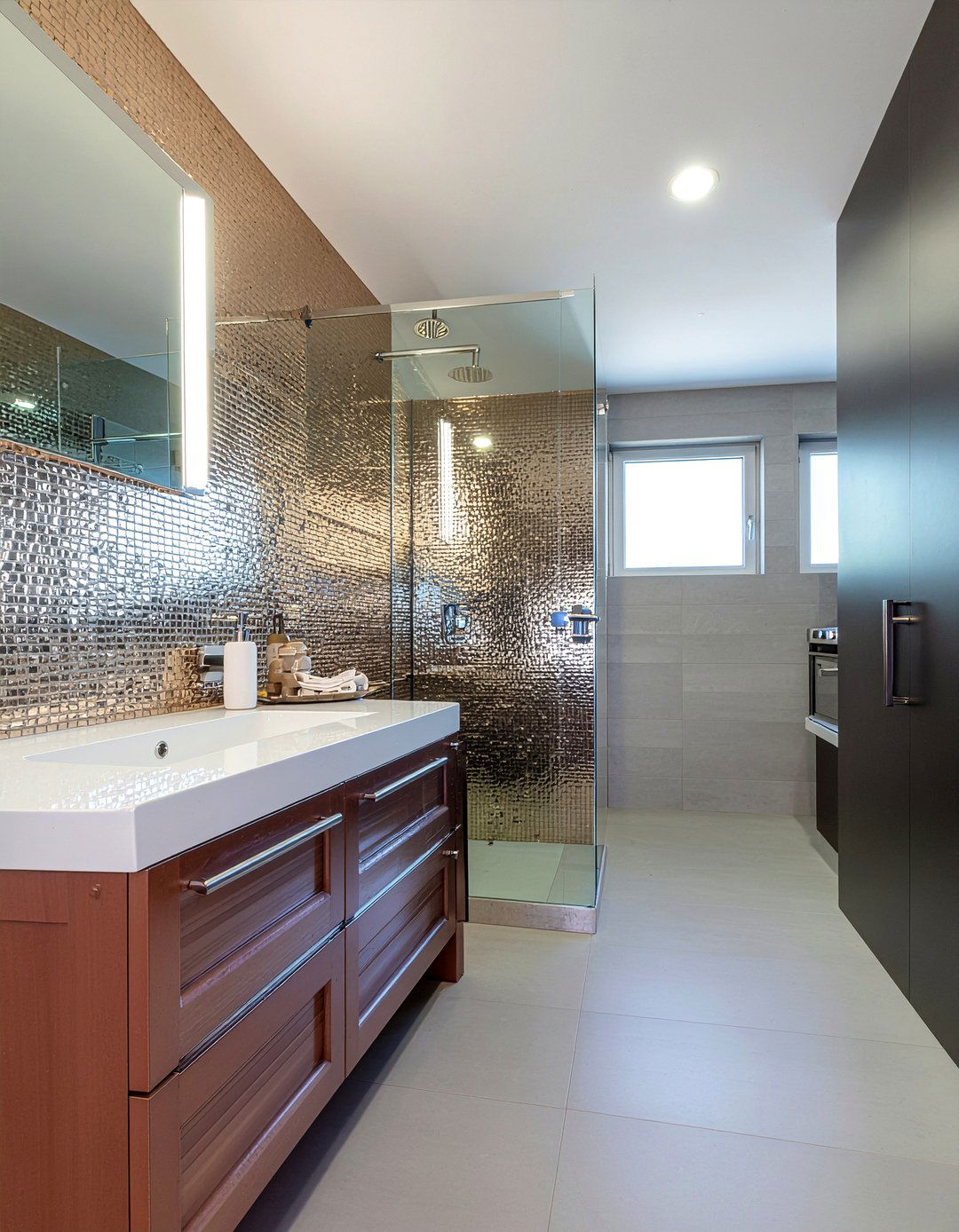 Metallic finish bathroom tile - 30 floor to ceiling tile bathroom ideas