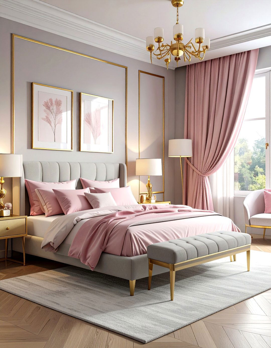 Metallic gold pink gray bedroom - 30 pink gray bedroom ideas