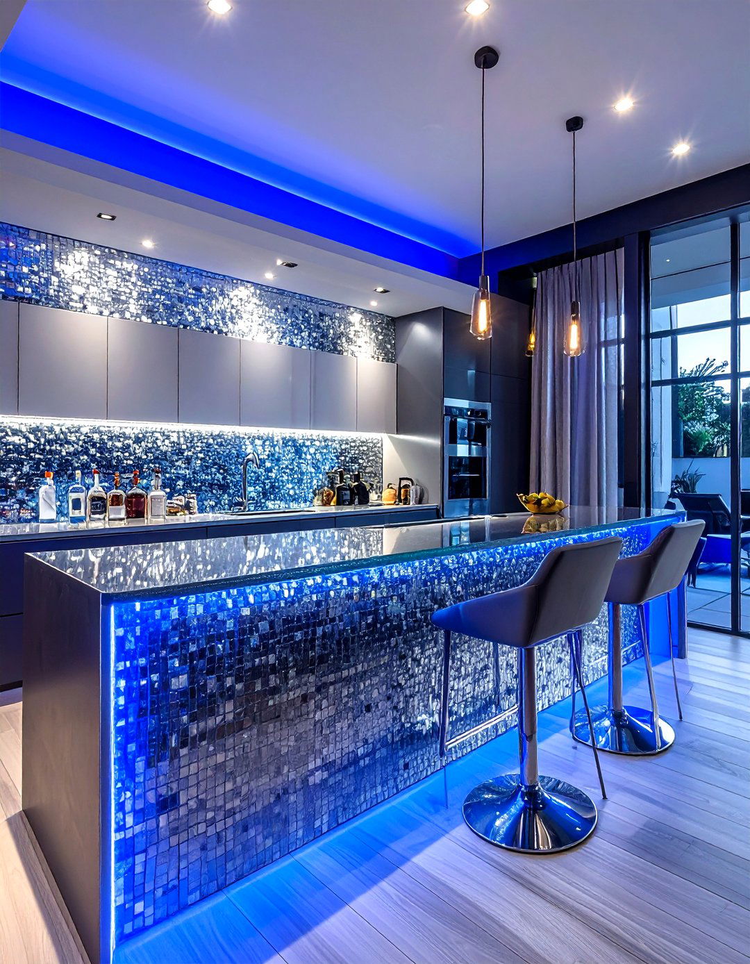 Metallic mosaic bar wall - 30 living room backsplash ideas