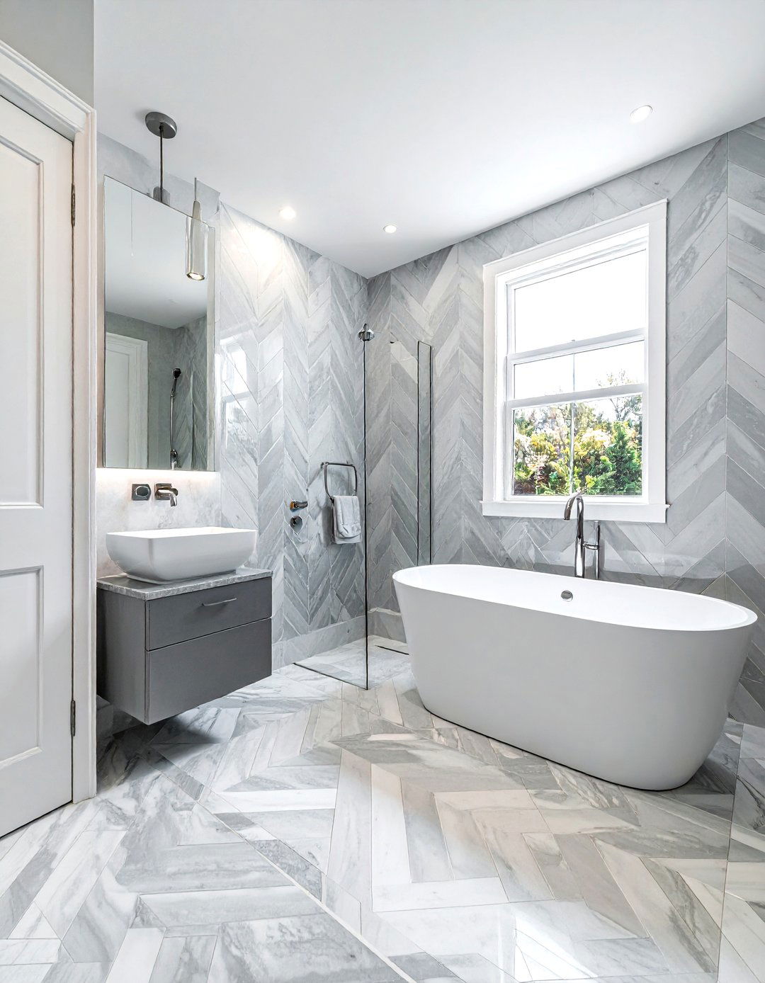 Metallic silver chevron accent tile - 30 chevron pattern bathroom ideas