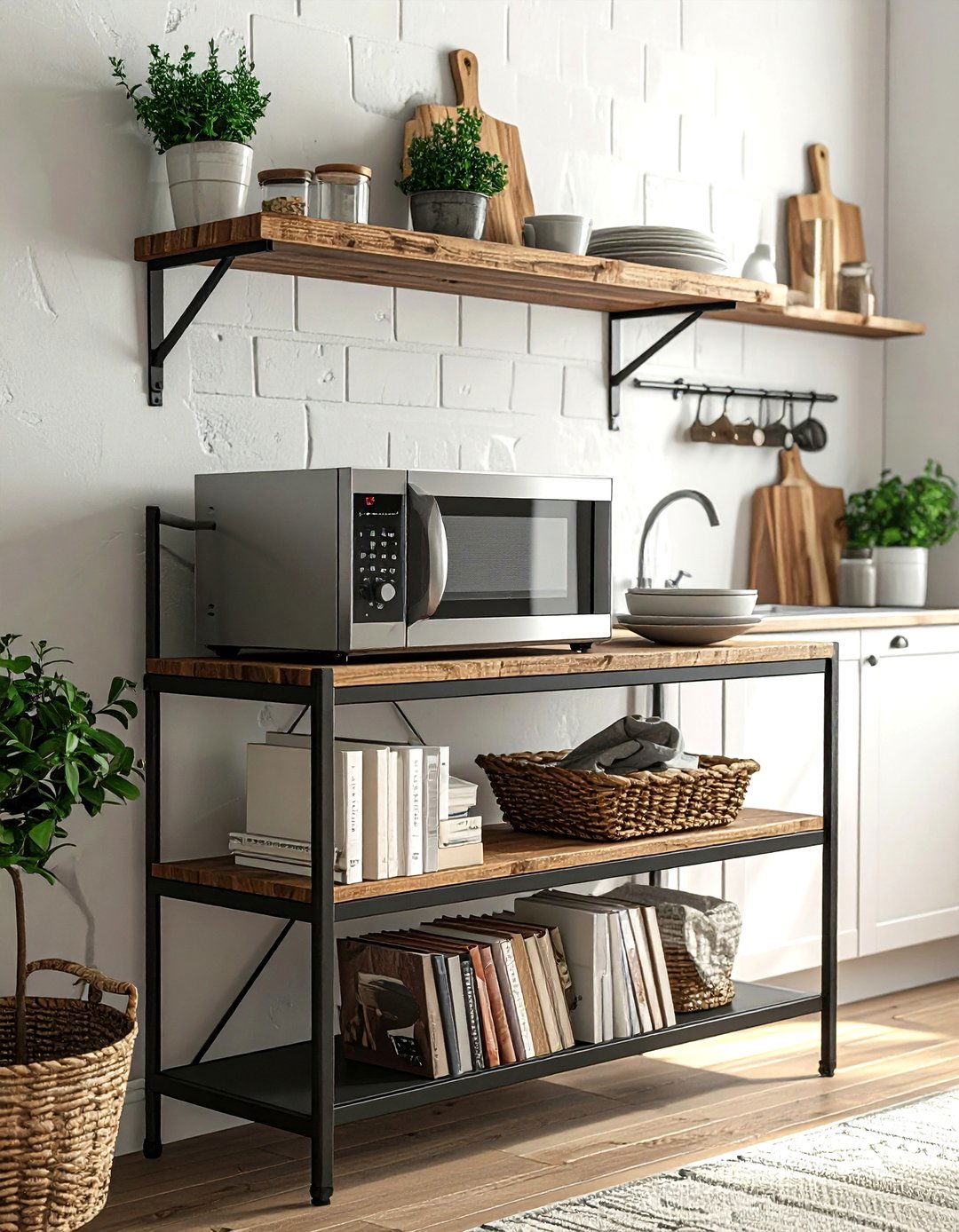Microwave on bakers rack - 30 countertop microwave kitchen ideas
