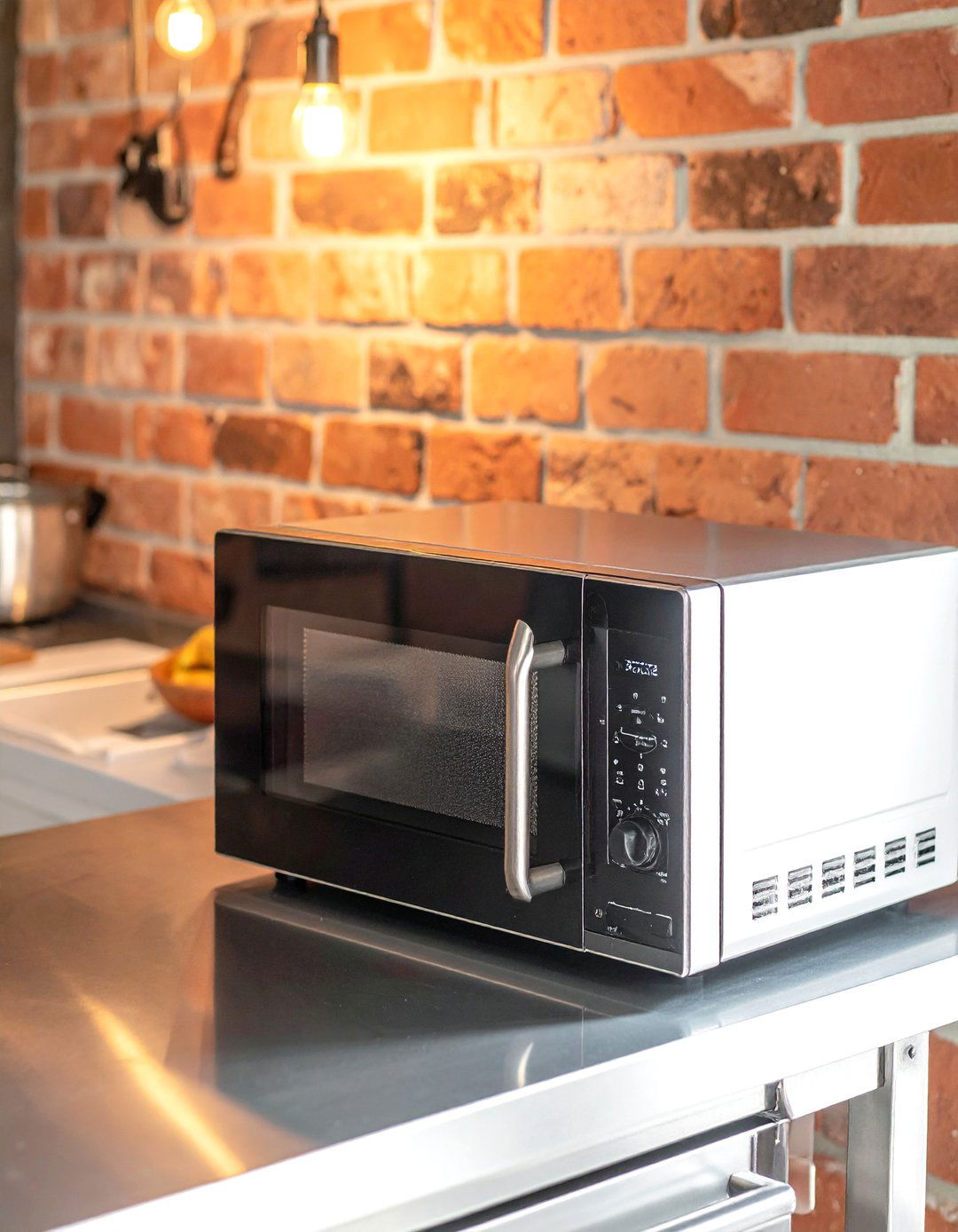 Microwave on stainless steel table - 30 countertop microwave kitchen ideas