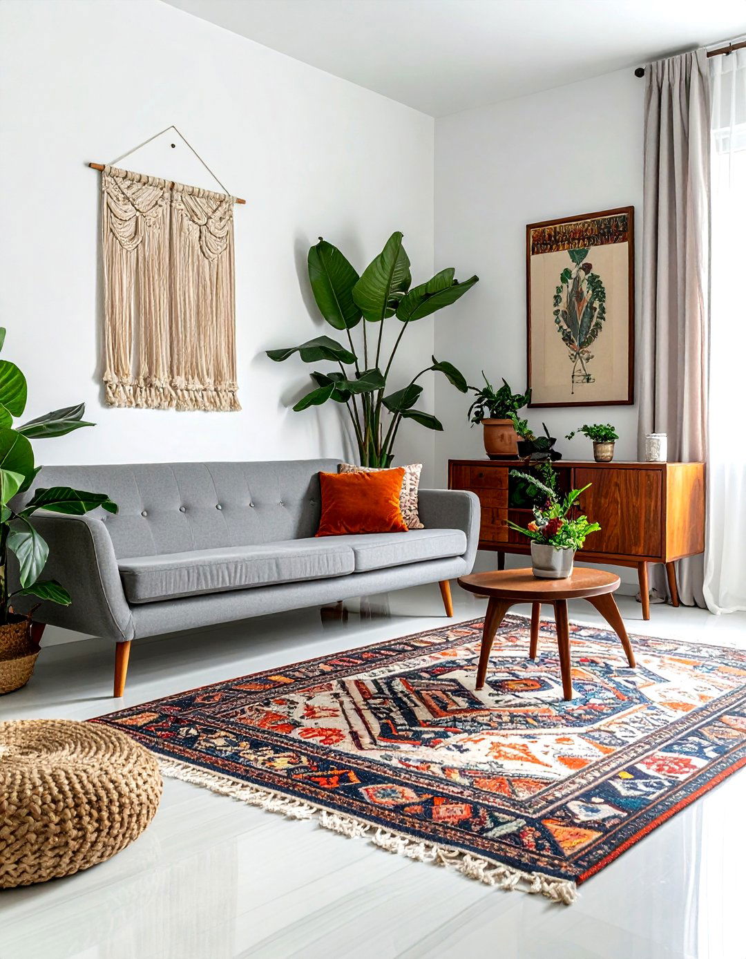 Mid Century Grey Boho Living Room - 30 bohemian grey living room ideas