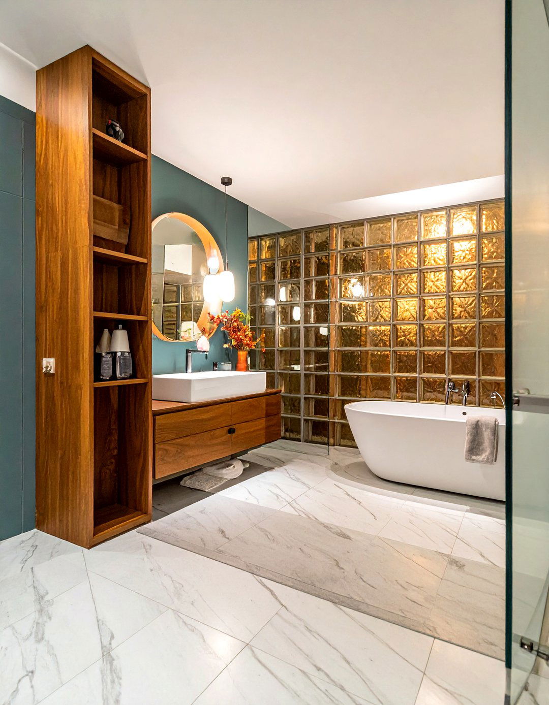 Mid Century Modern Glass Block Wall - 30 glass block bathroom ideas