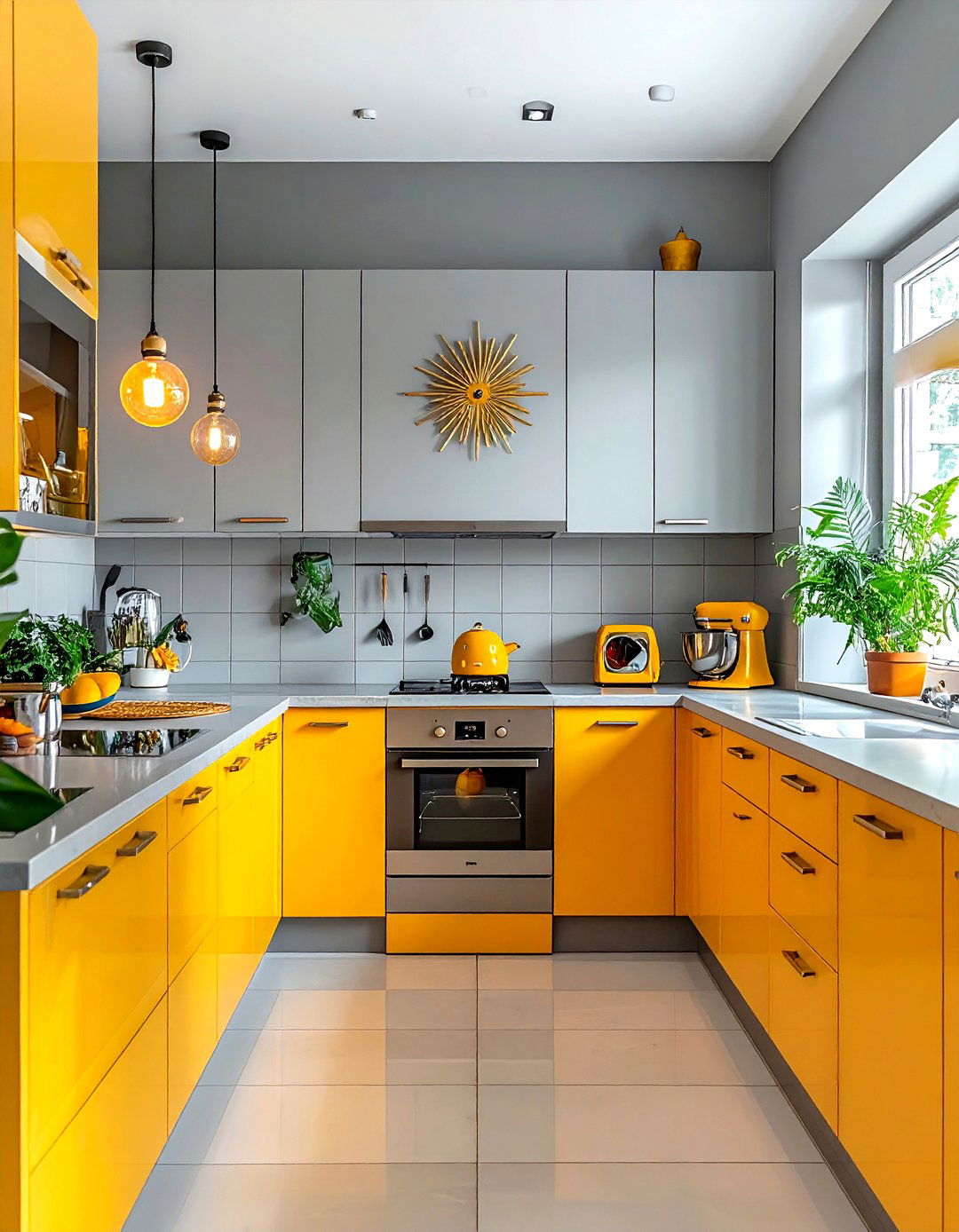 Mid century grey kitchen with retro clocks - 30 grey kitchen accessories ideas