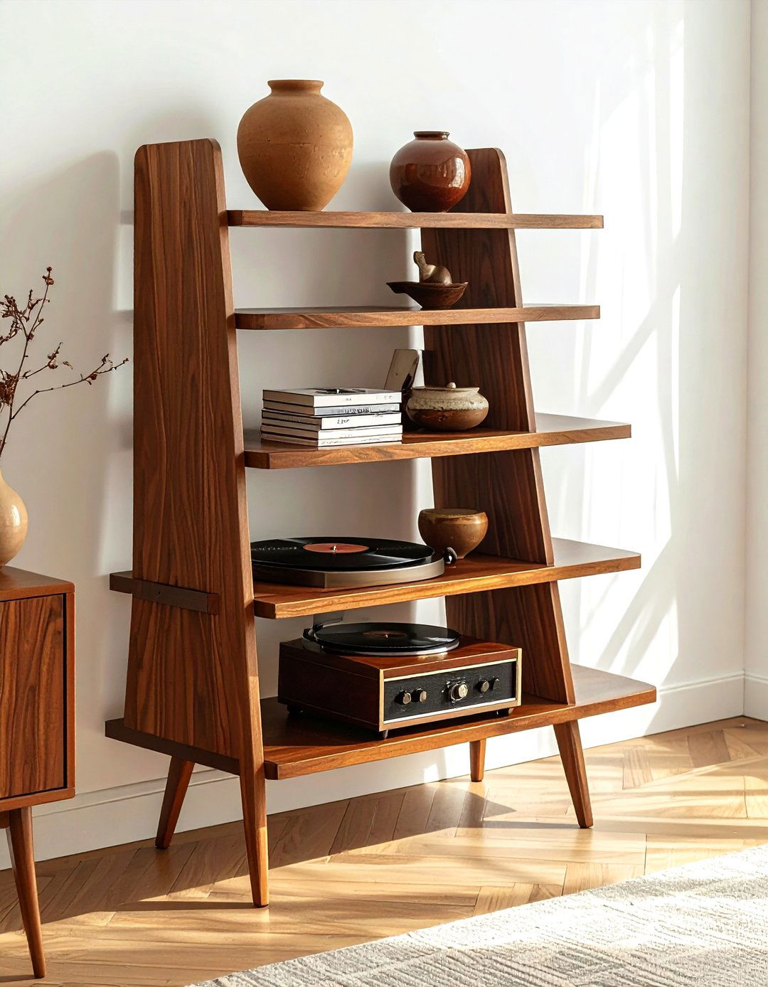 Mid century ladder shelf - 30 living room ladder shelf ideas