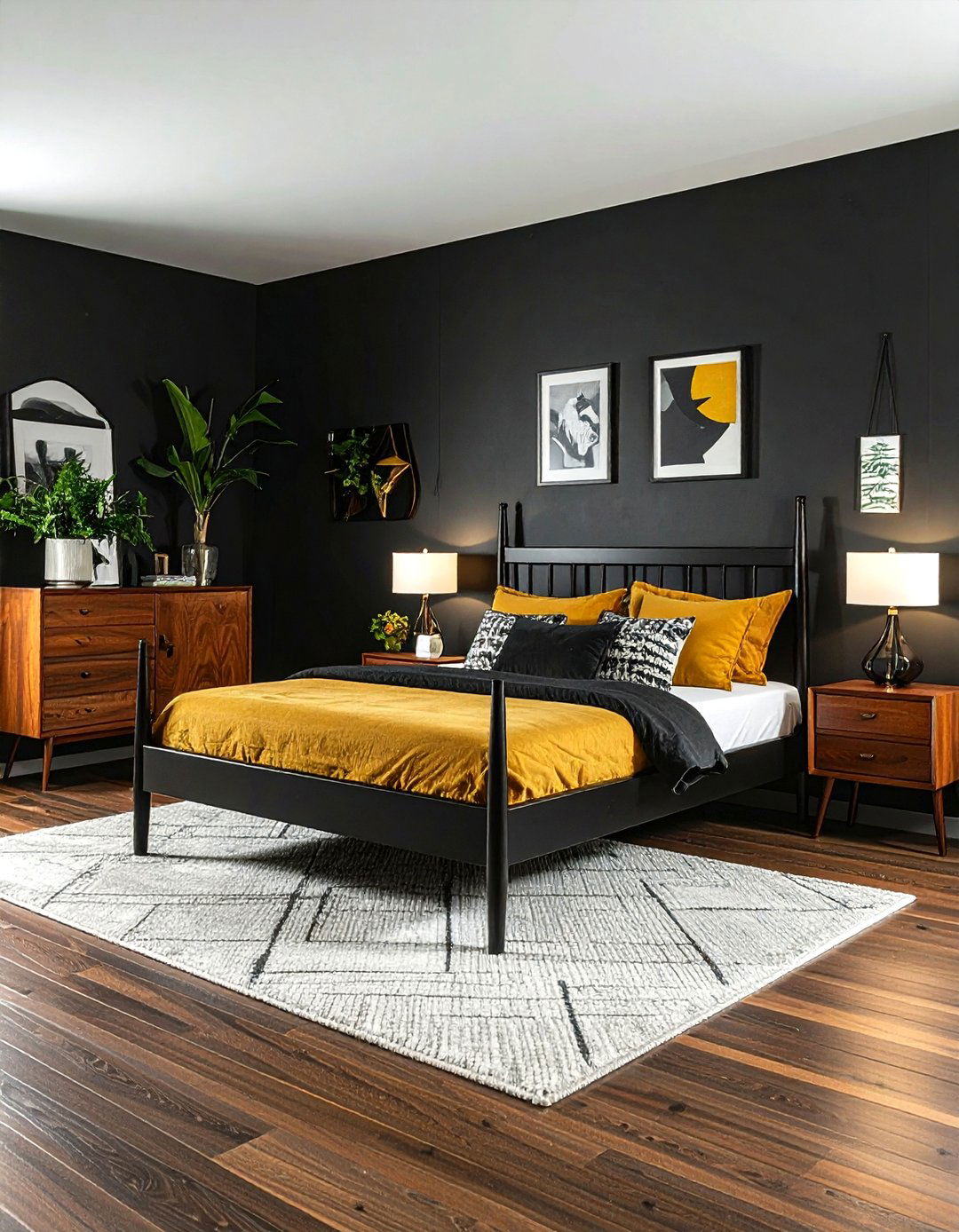 Mid century modern black bedroom - 30 black bedroom decor ideas