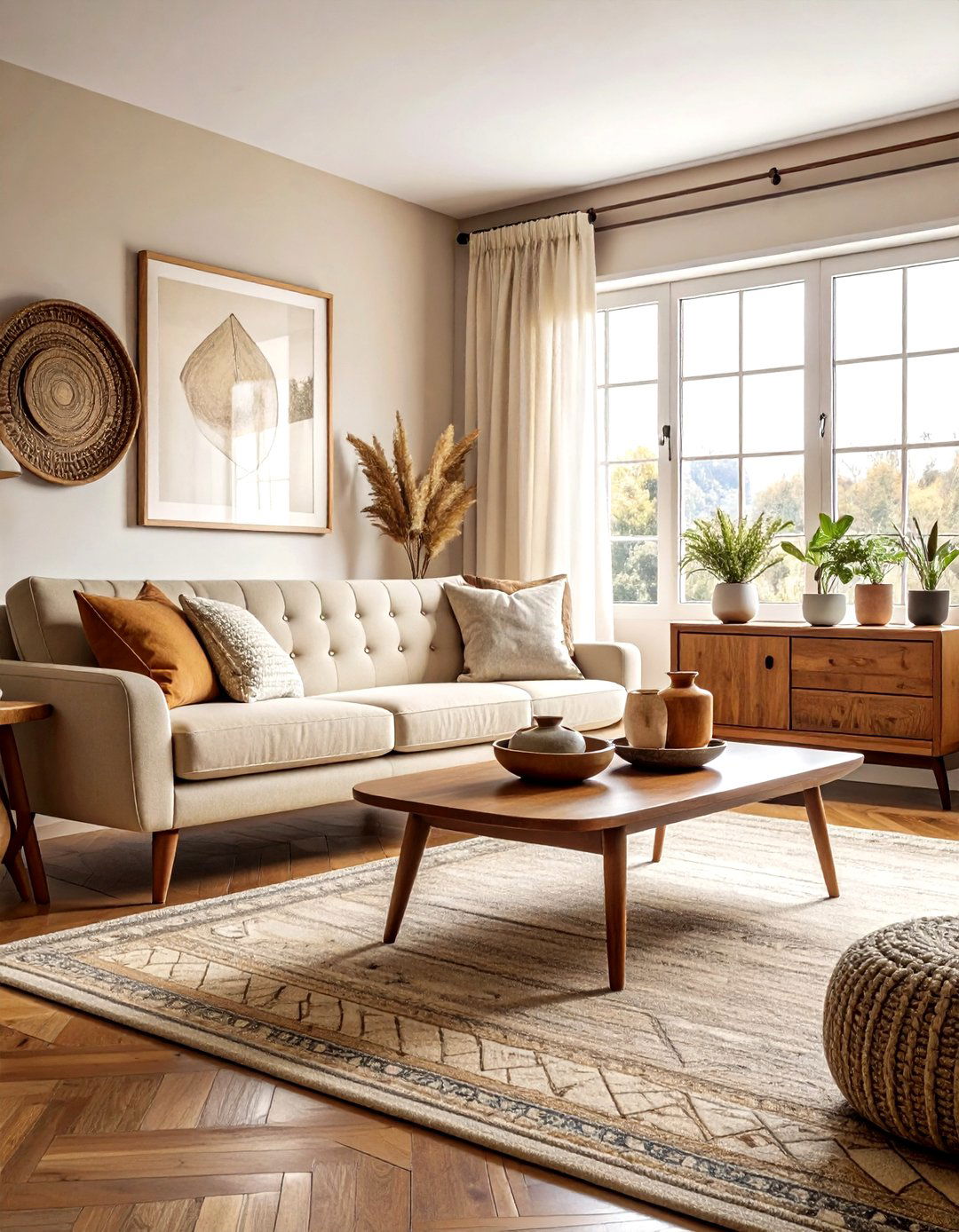 Mid century modern boho living room - 30 bohemian beige living room ideas