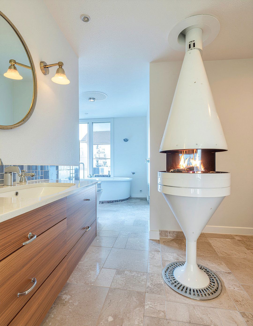 Mid century modern fireplace - 30 bathroom fireplace ideas