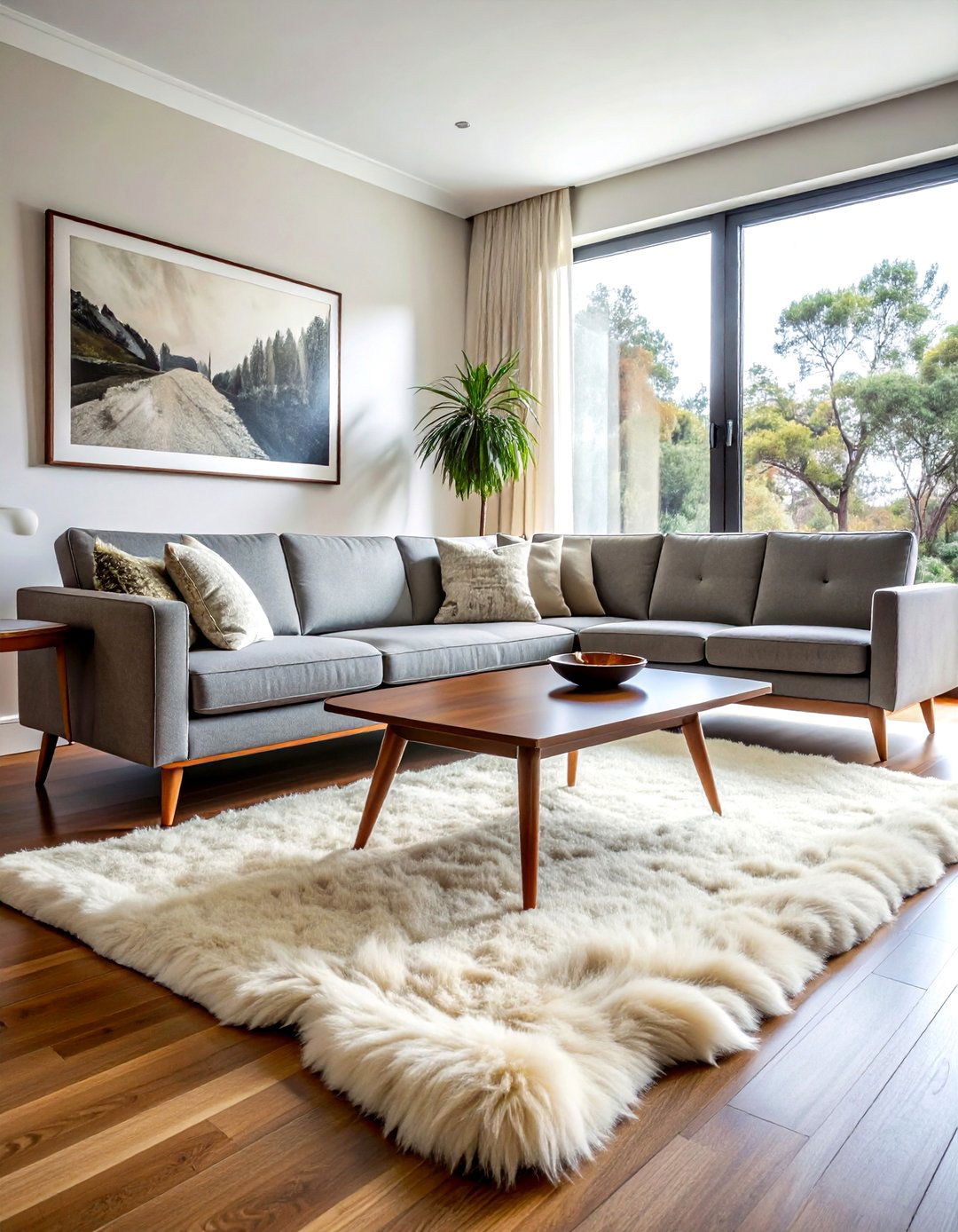 Mid century modern living room sheepskin - 30 sheepskin rug ideas