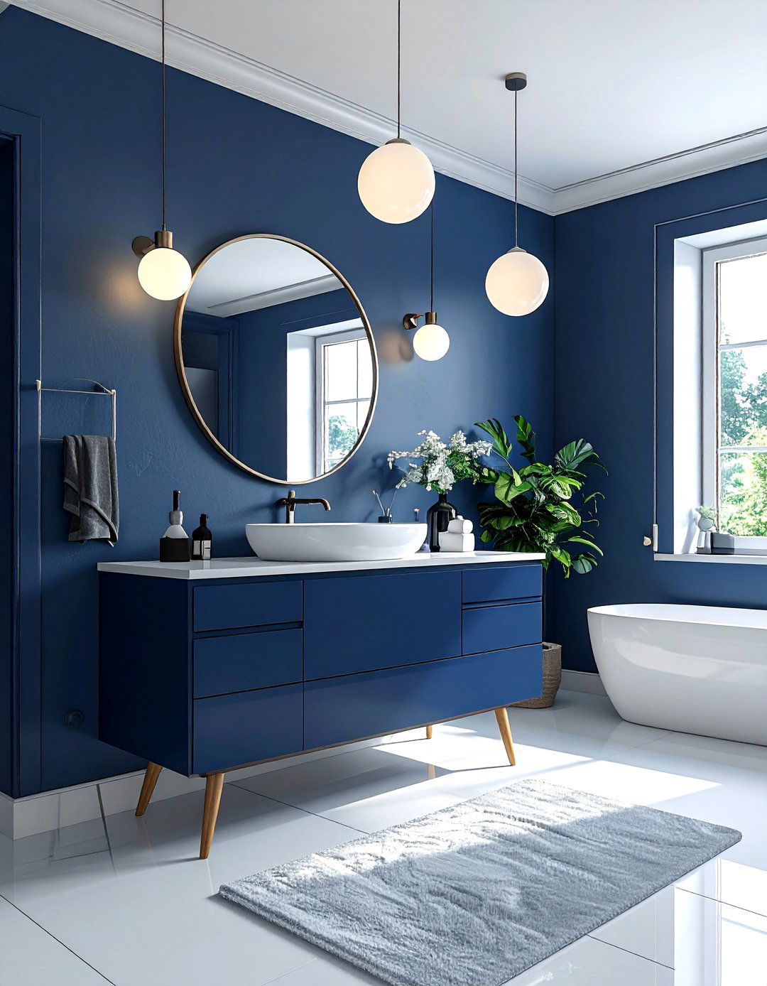 Mid century modern navy bathroom - 30 navy and white bathroom ideas