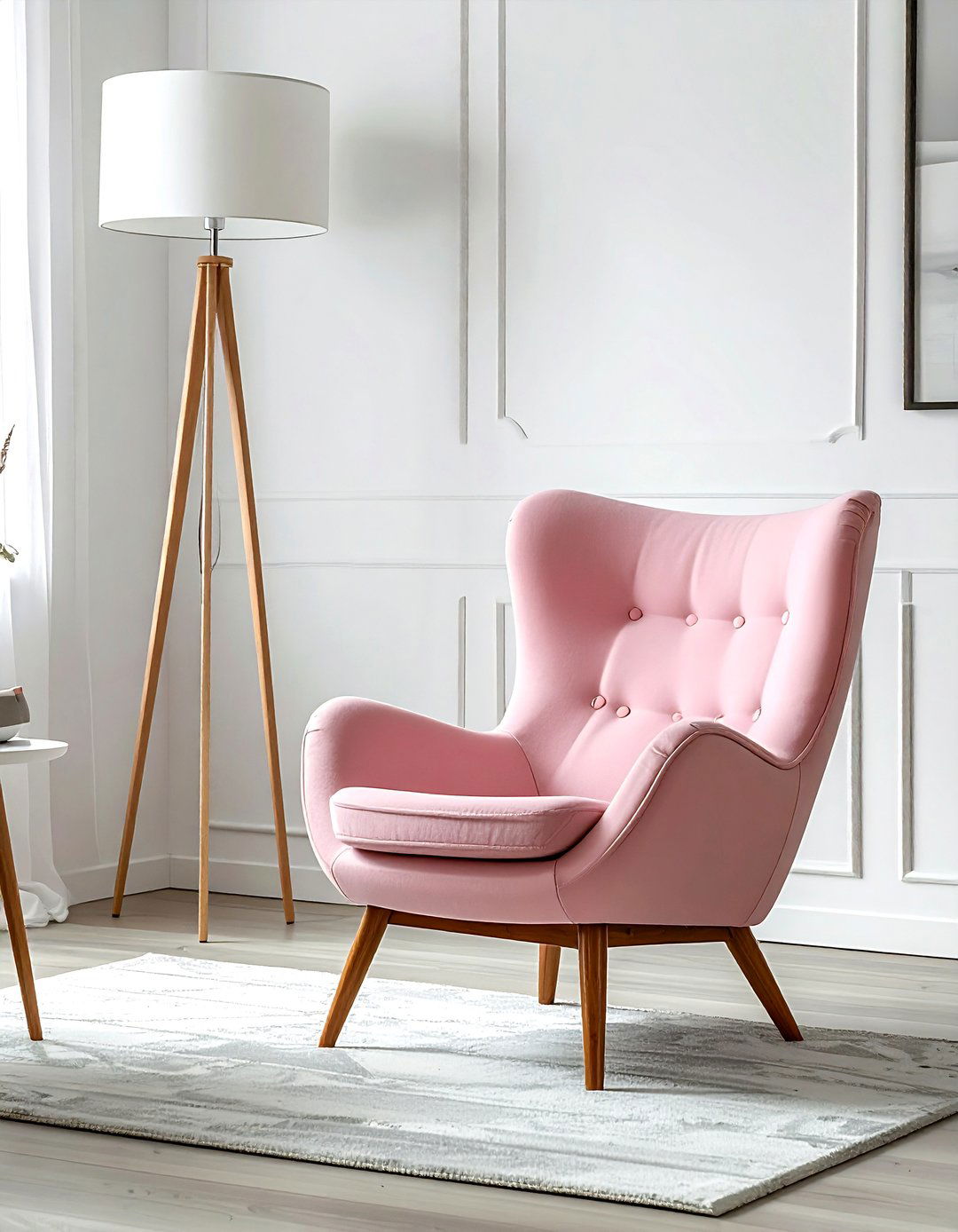 Mid century modern pink chair - 30 blush and white living room ideas