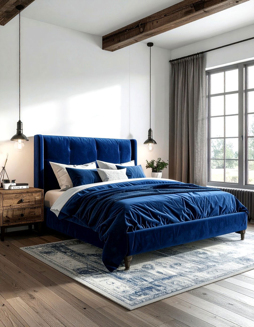 Midnight Blue Velvet Bed - 30 industrial blue bedroom ideas