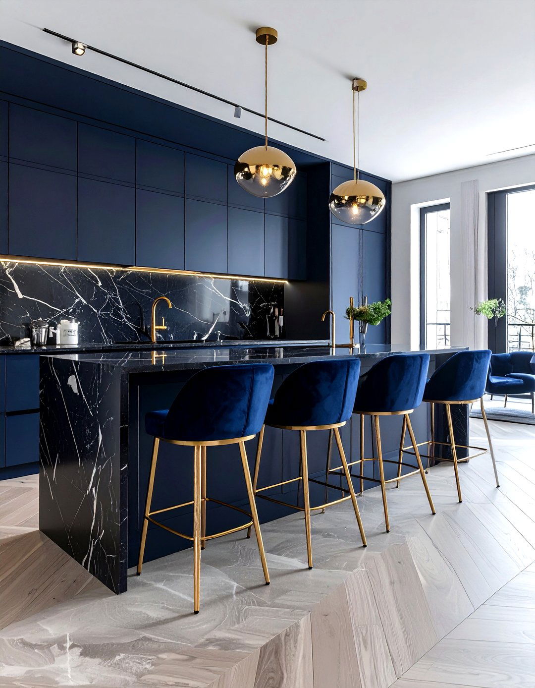 Midnight blue velvet seating with brass accents - 30 velvet kitchen ideas
