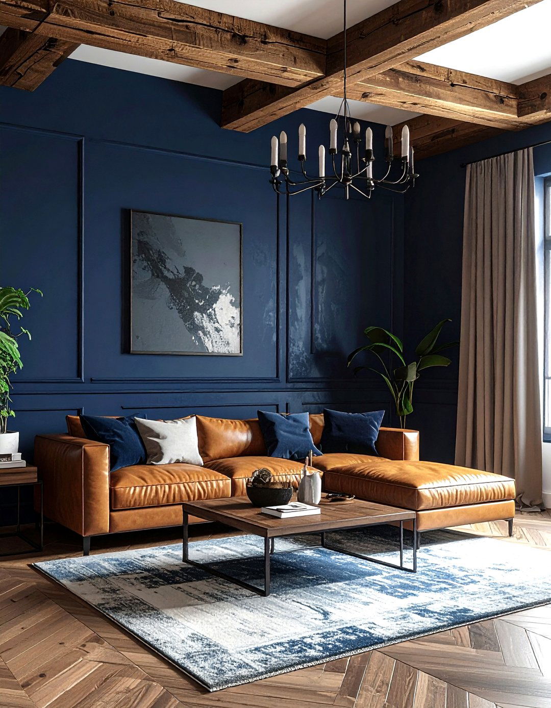 Midnight blue wall wood beams living room - 30 industrial blue living room ideas