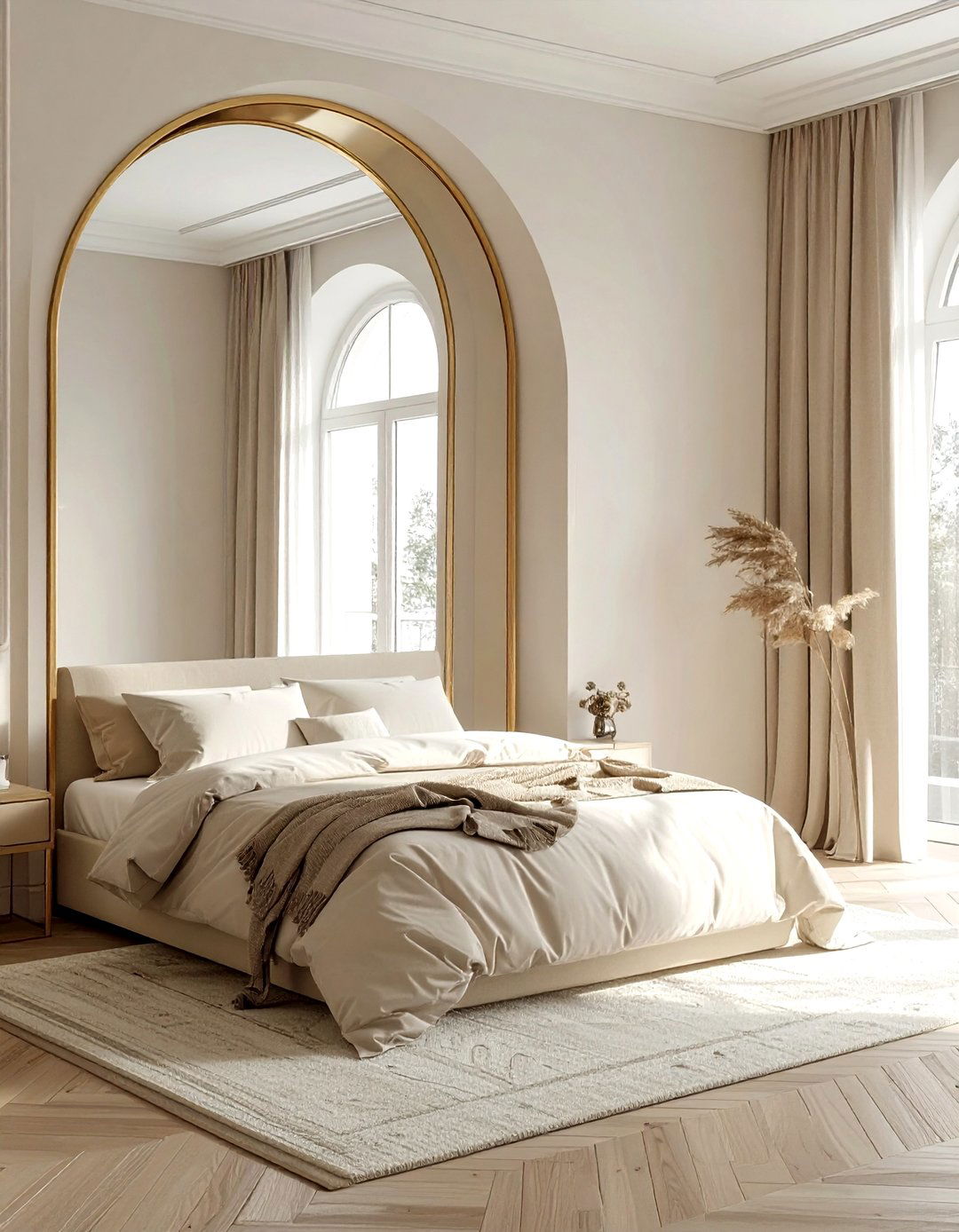 Minimalist Bedroom With Arched Mirror - 30 scandinavian cream bedroom ideas
