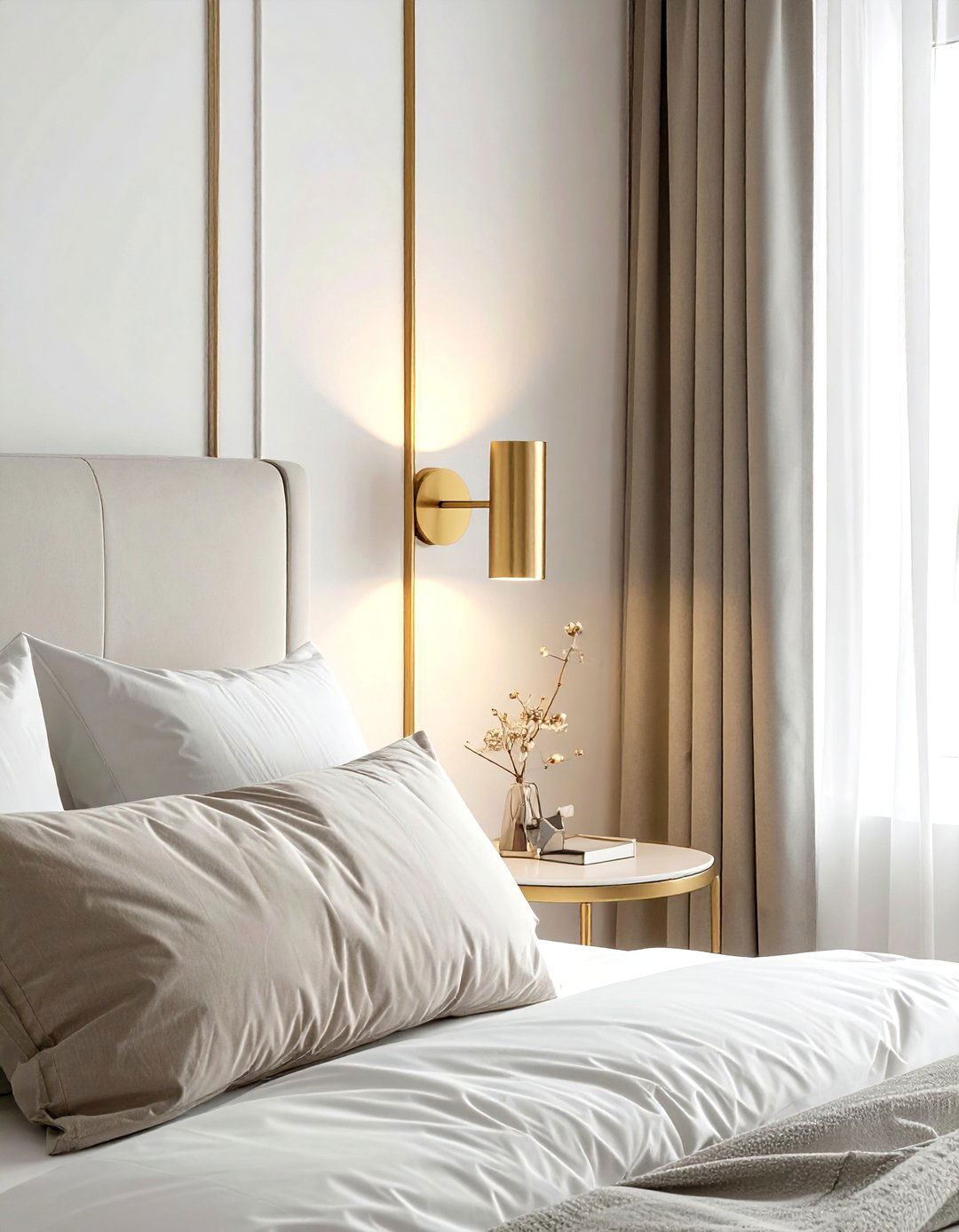 Minimalist Gold Wall Sconce - 30 soft minimalist bedroom ideas