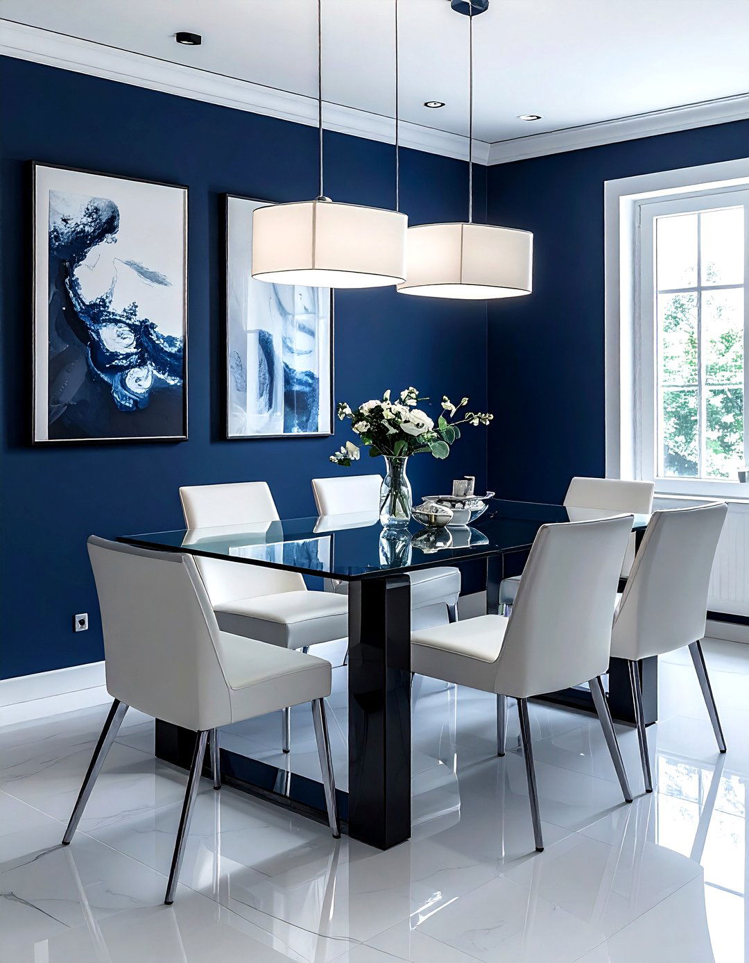 Minimalist Navy Dining Room Glass Table