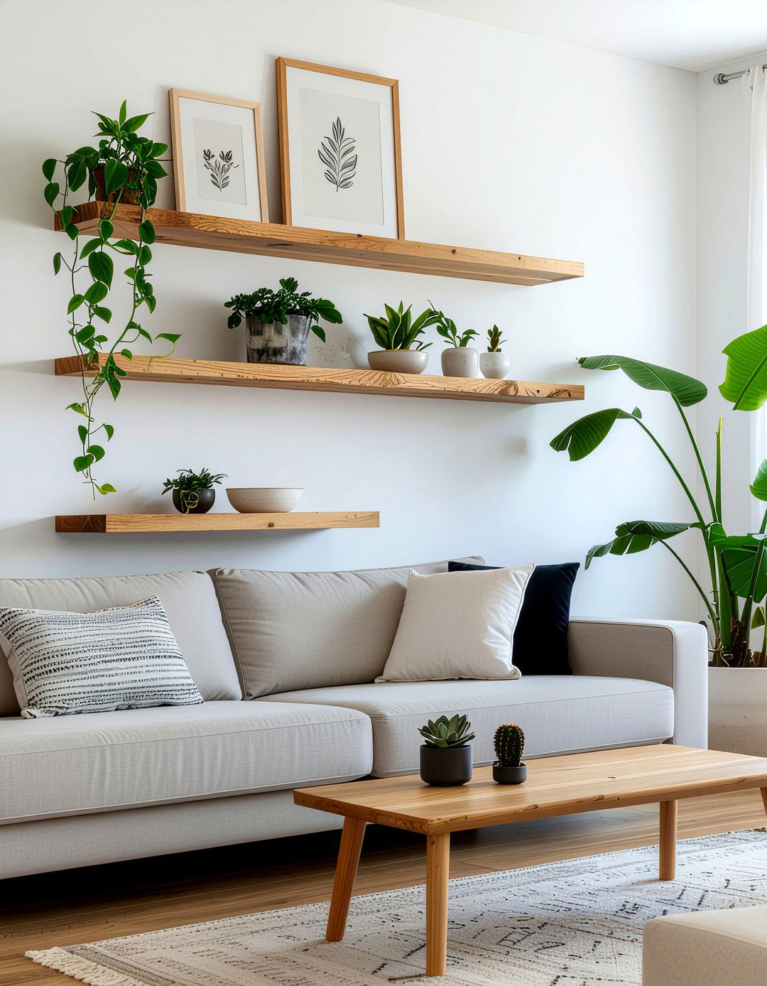 Minimalist Pine Floating Shelves - 30 living room pine furniture ideas