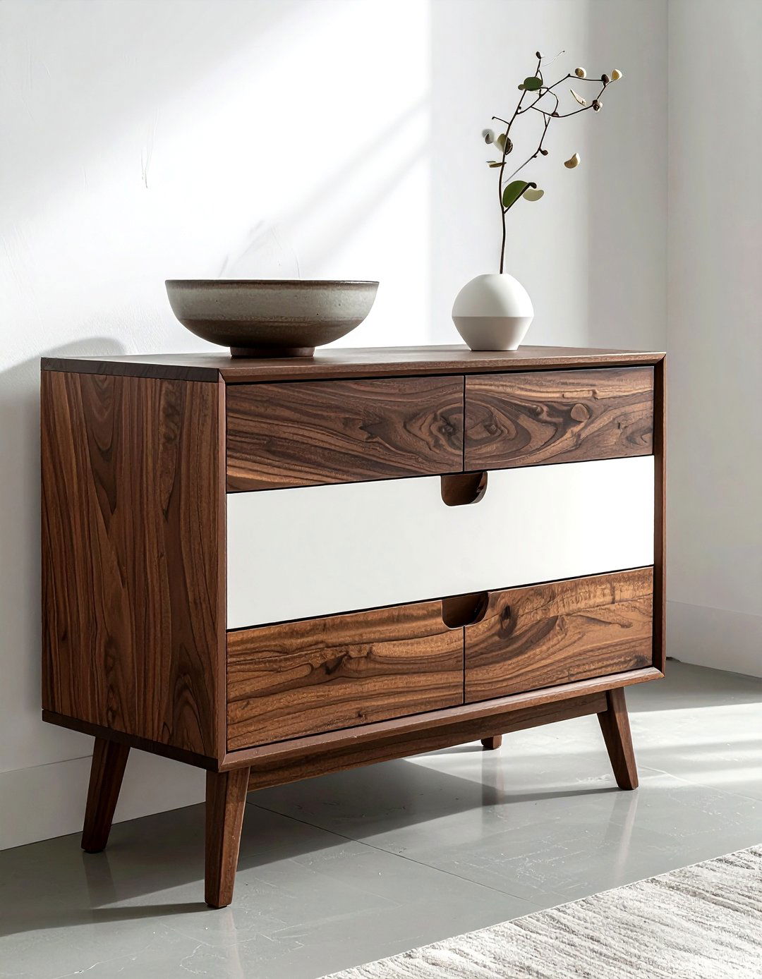Minimalist Walnut Wood Dresser - 30 soft minimalist bedroom ideas