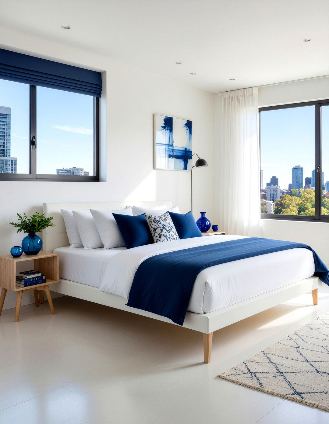 Minimalist White Bedroom With Blue Accents - 30 blue and white bedroom ideas