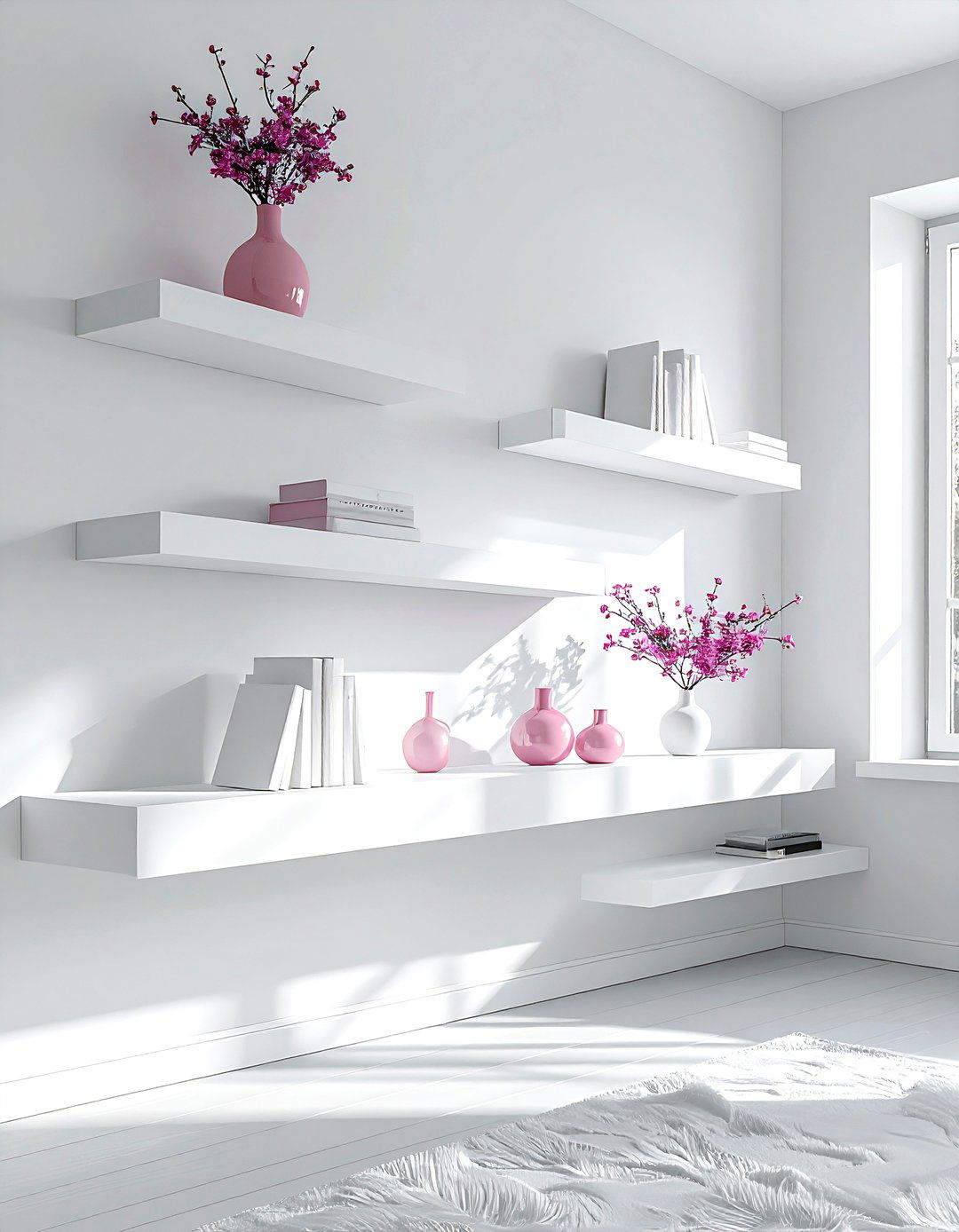 Minimalist White Floating Shelves - 30 pink and white living room ideas