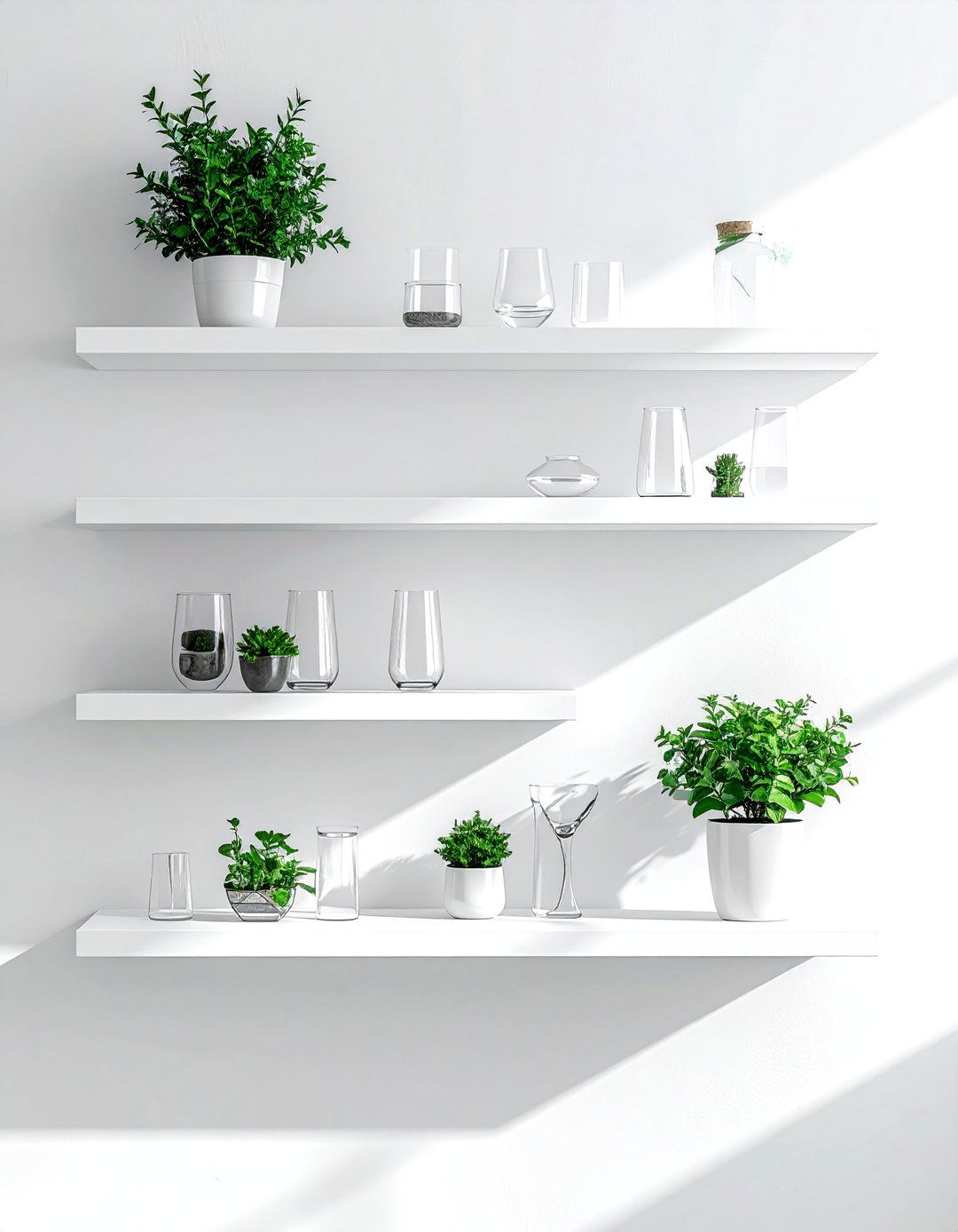 Minimalist White Floating Shelves - 30 kitchen overhead storage ideas
