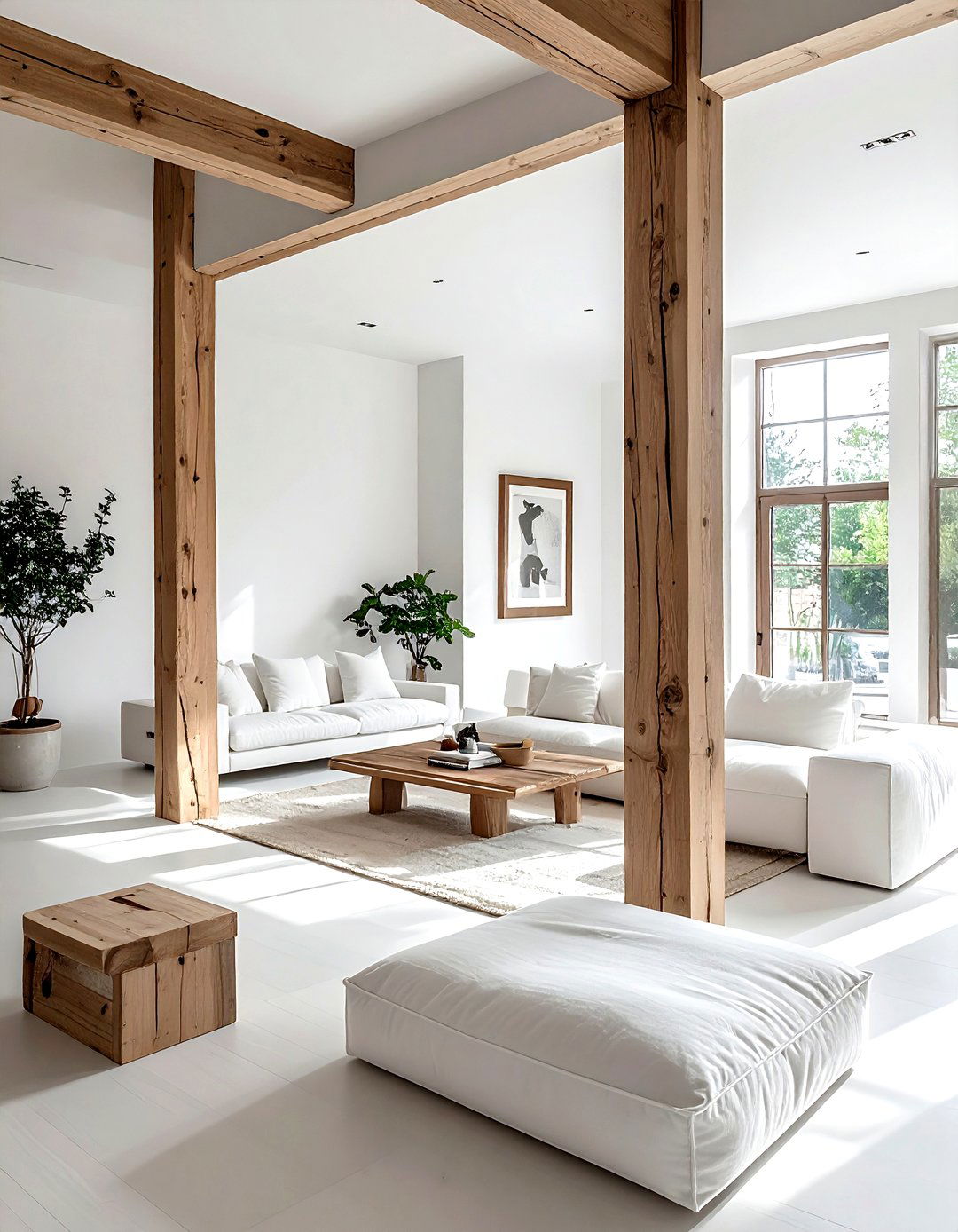 Minimalist White Living Room Wood Post - 30 living room post and beam ideas