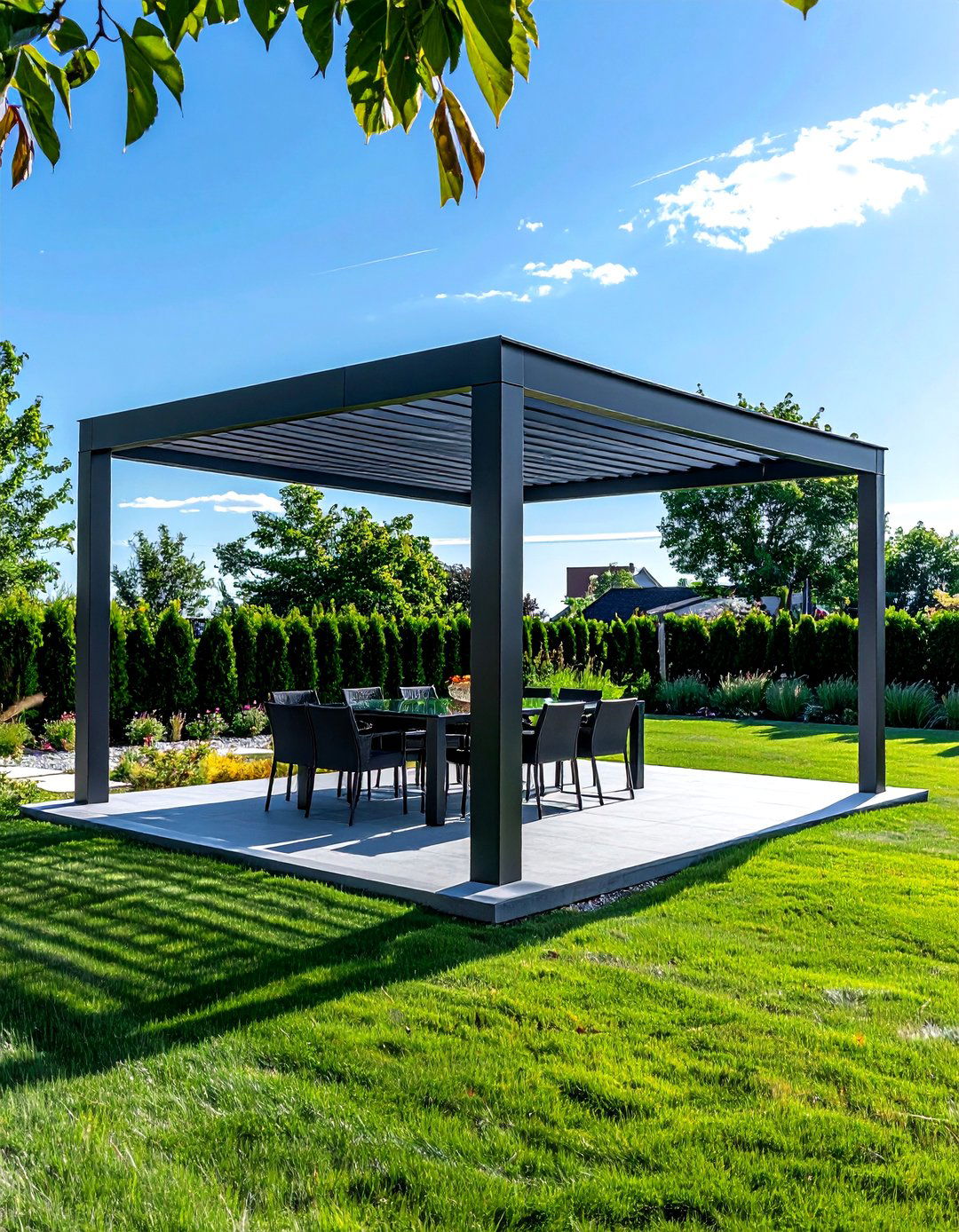 Minimalist aluminum pergola - 30 pergola dining ideas