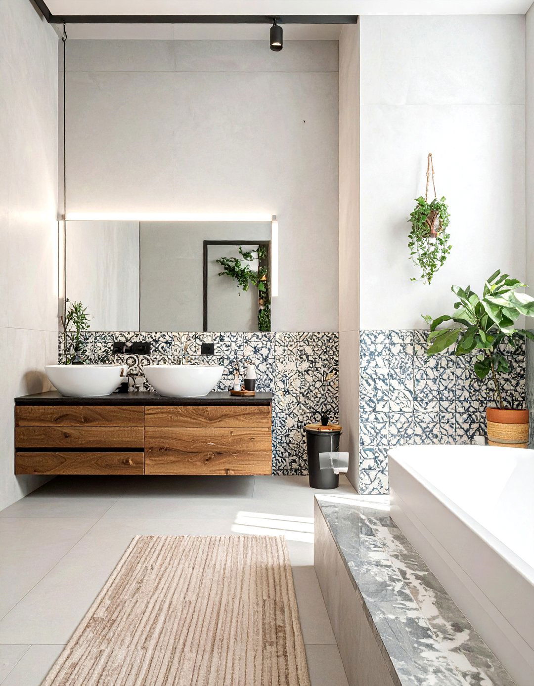 Minimalist bathroom with encaustic tile accents - 30 encaustic tile bathroom ideas