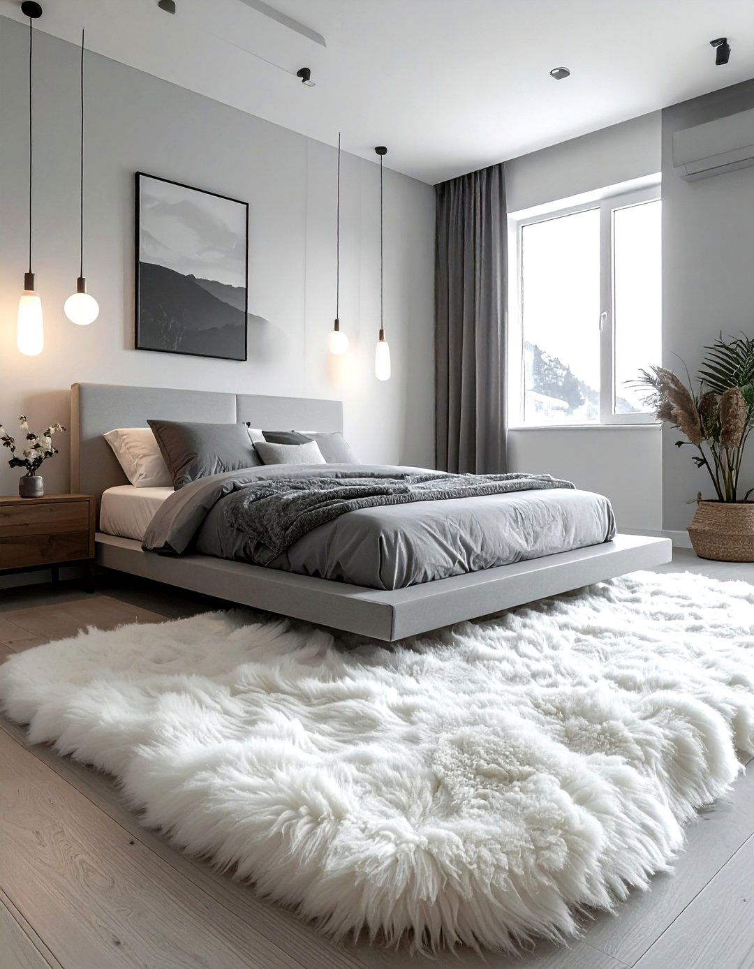 Minimalist bedroom with sheepskin rug accent - 30 sheepskin rug ideas